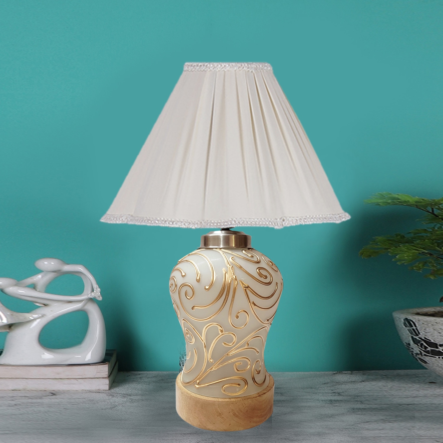 Devansh Vintage Off White Cotton Shade Lamp With Wood & Mosaic Glass Base For Decoration /Office/Home/Gifting/Study For Office/Home/Gifting -(12X12X16) Inches -