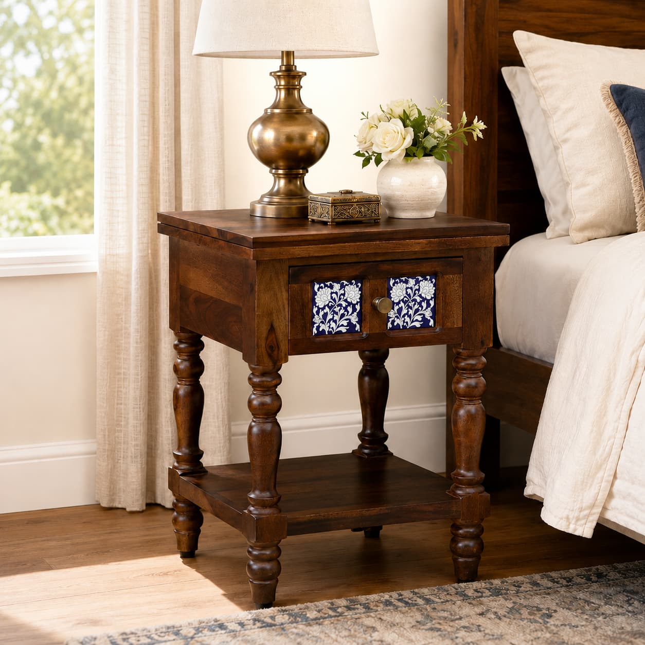 Nilaya Sheesham Wood Bedside Table in Provincial Teak Finish with Drawer - Woodenmood