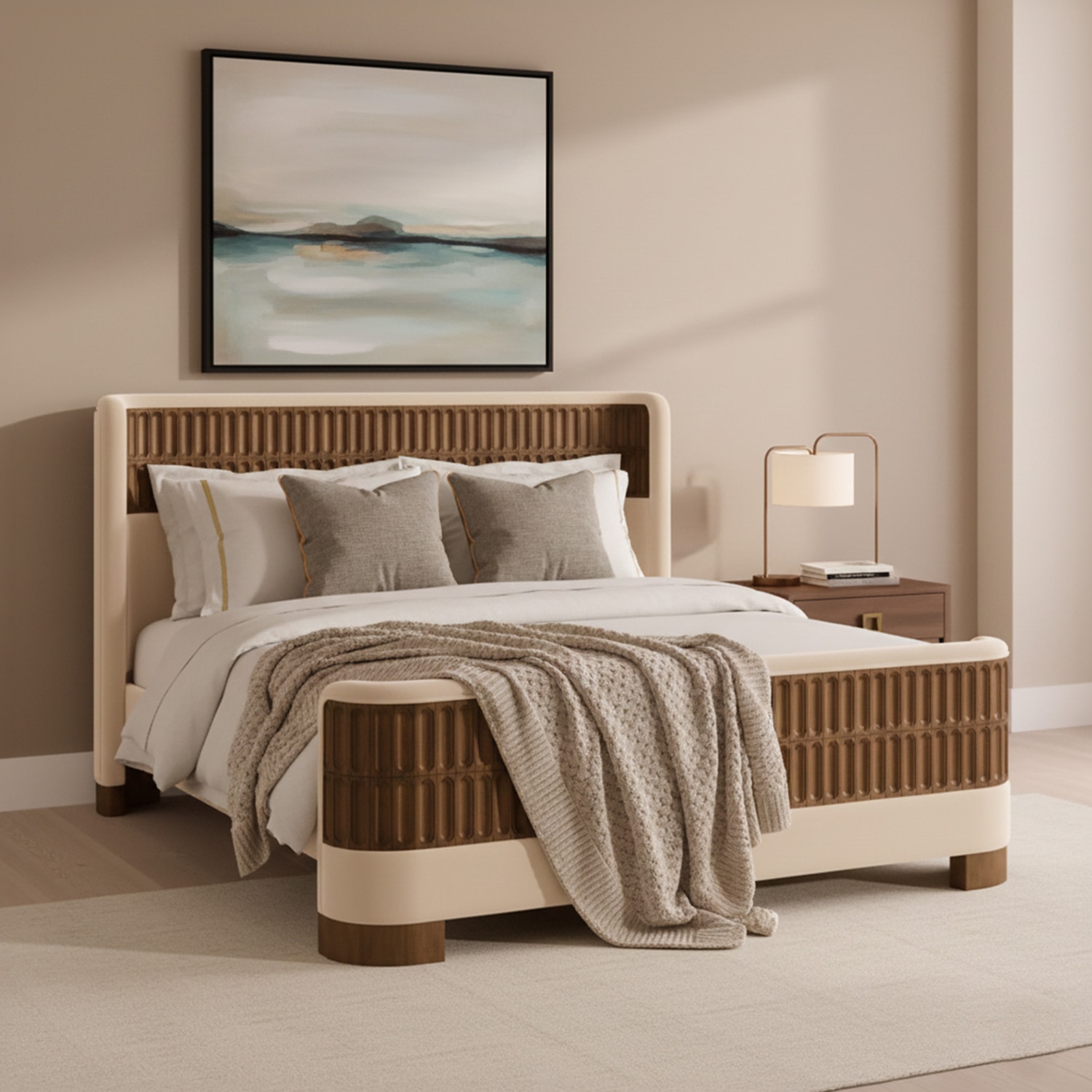 Heritage Cane Upholstered Queen Size Bed in Linen With Oak wood Frame - Nestroots