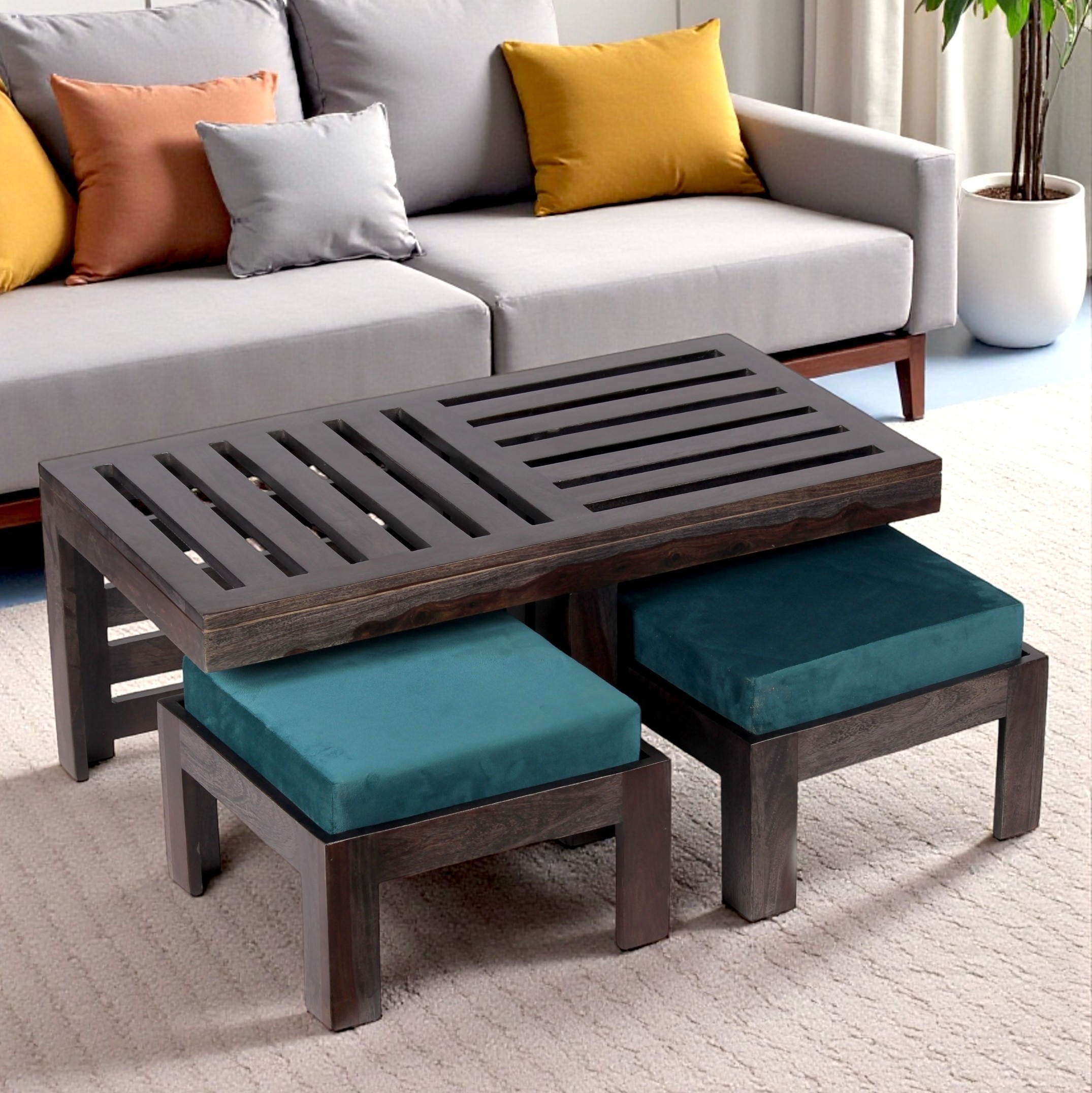 Irish Sheesham Wood Coffee Table With 2 Stools Set In Mahogany Finish & Turquoise Sea Velvet Fabric Cushions - Ikiriya
