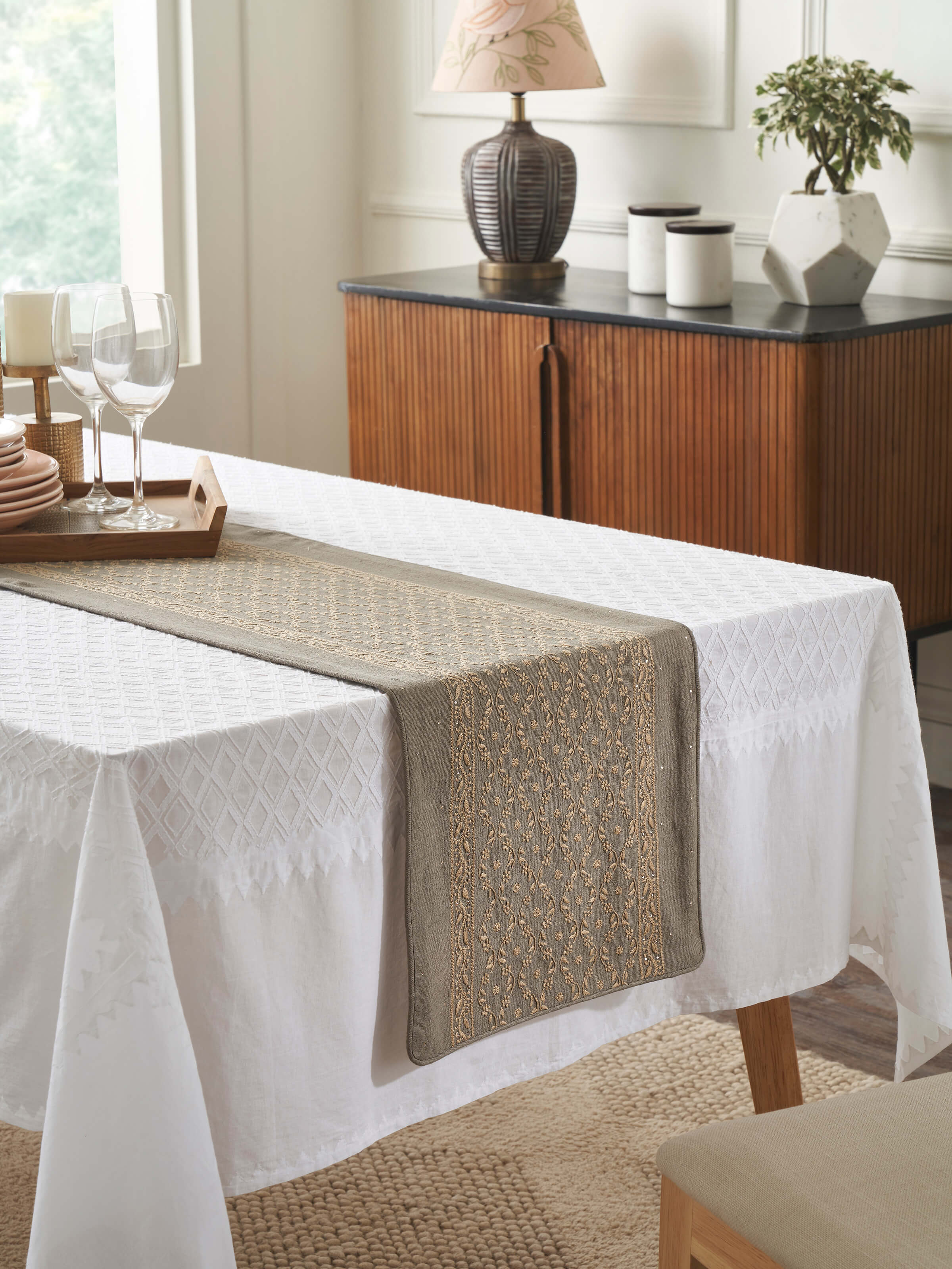 Pragya Grey Ogee Silk Chikankari Hand Embroidered Table Runner