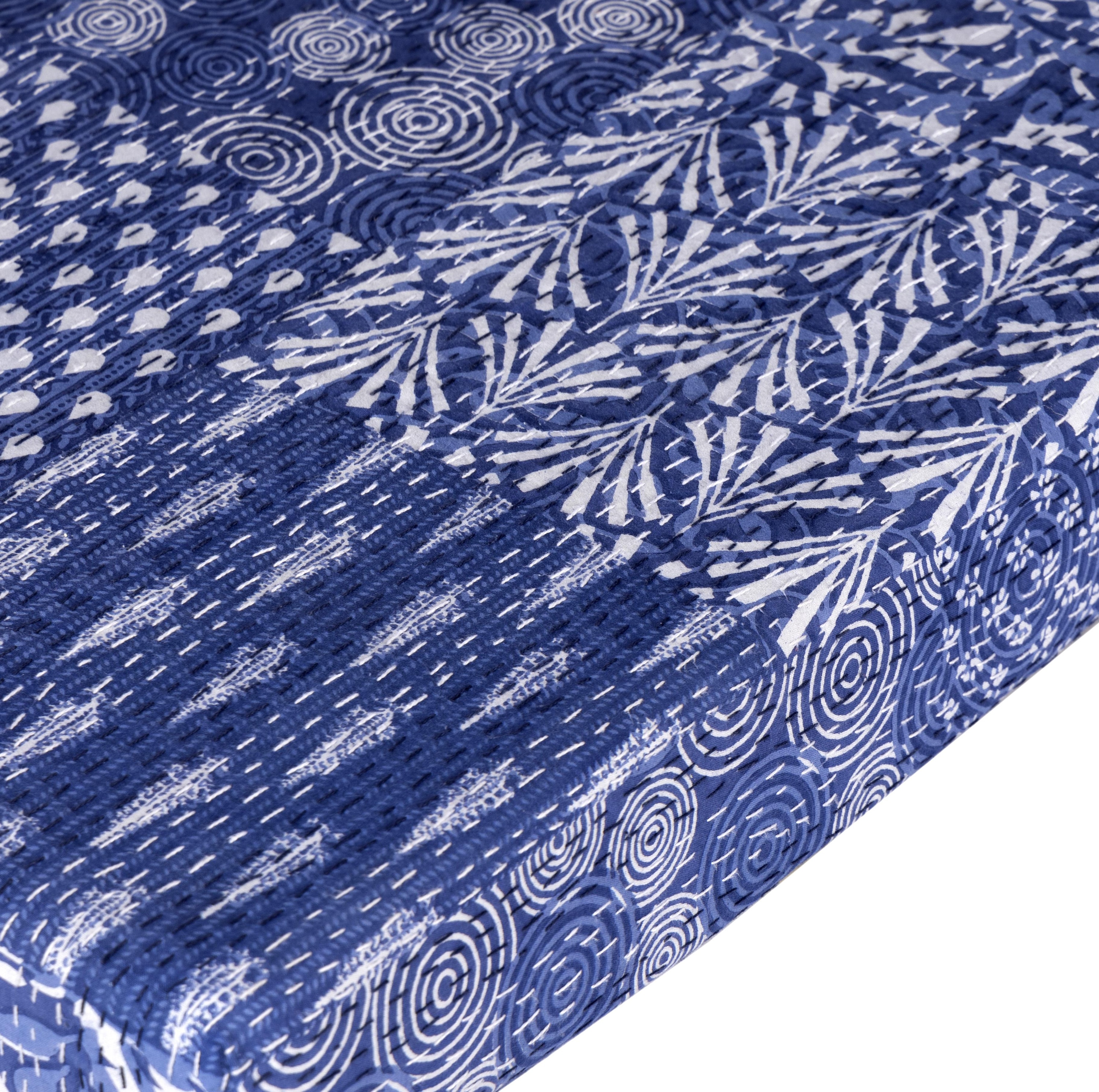 Bestone Solid Wood Bench In Indigo Patch Kantha Fabric