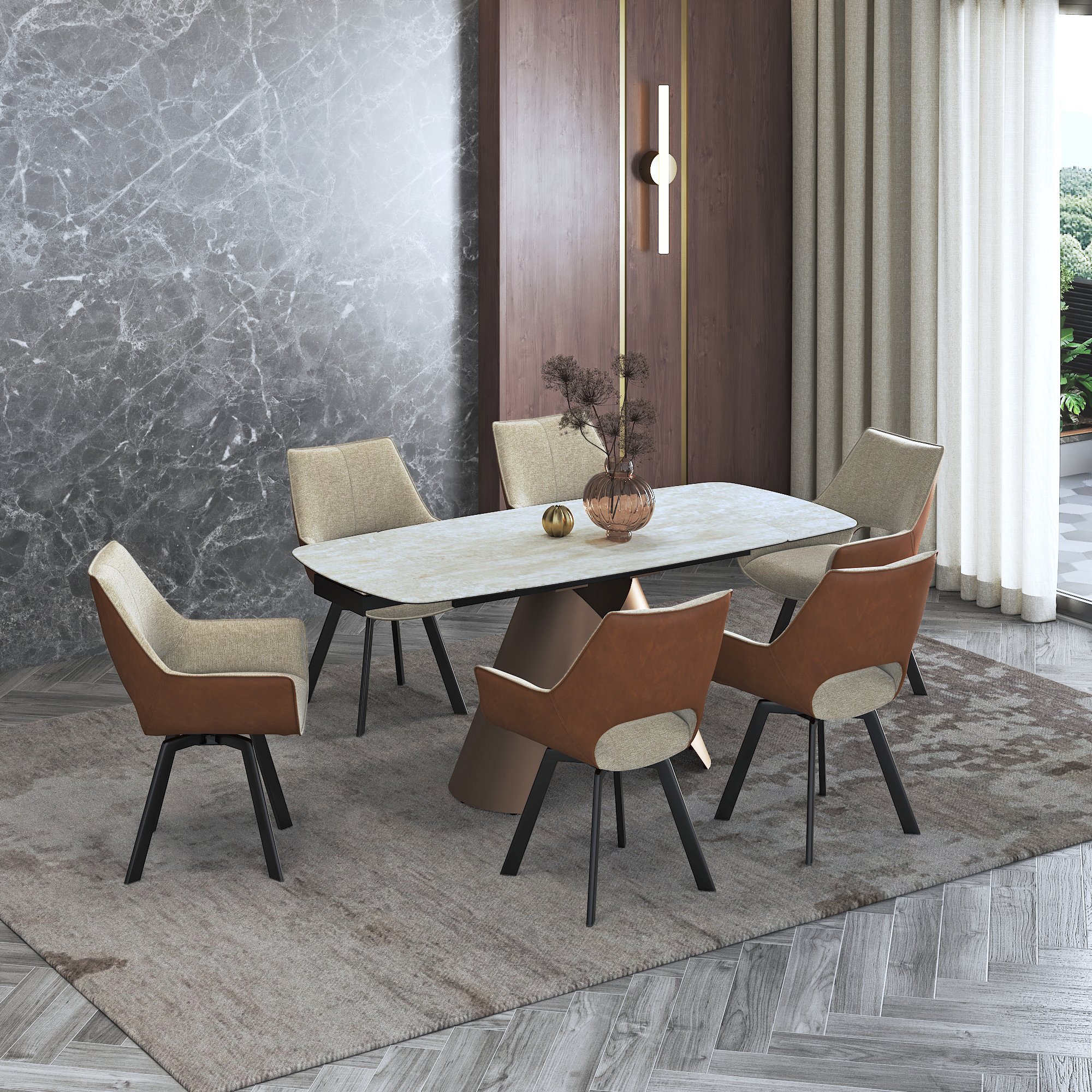 Aeris Ceramic 4 To 6 Seater Extendable Dining Table With Set of 2 Casey Dining Chair