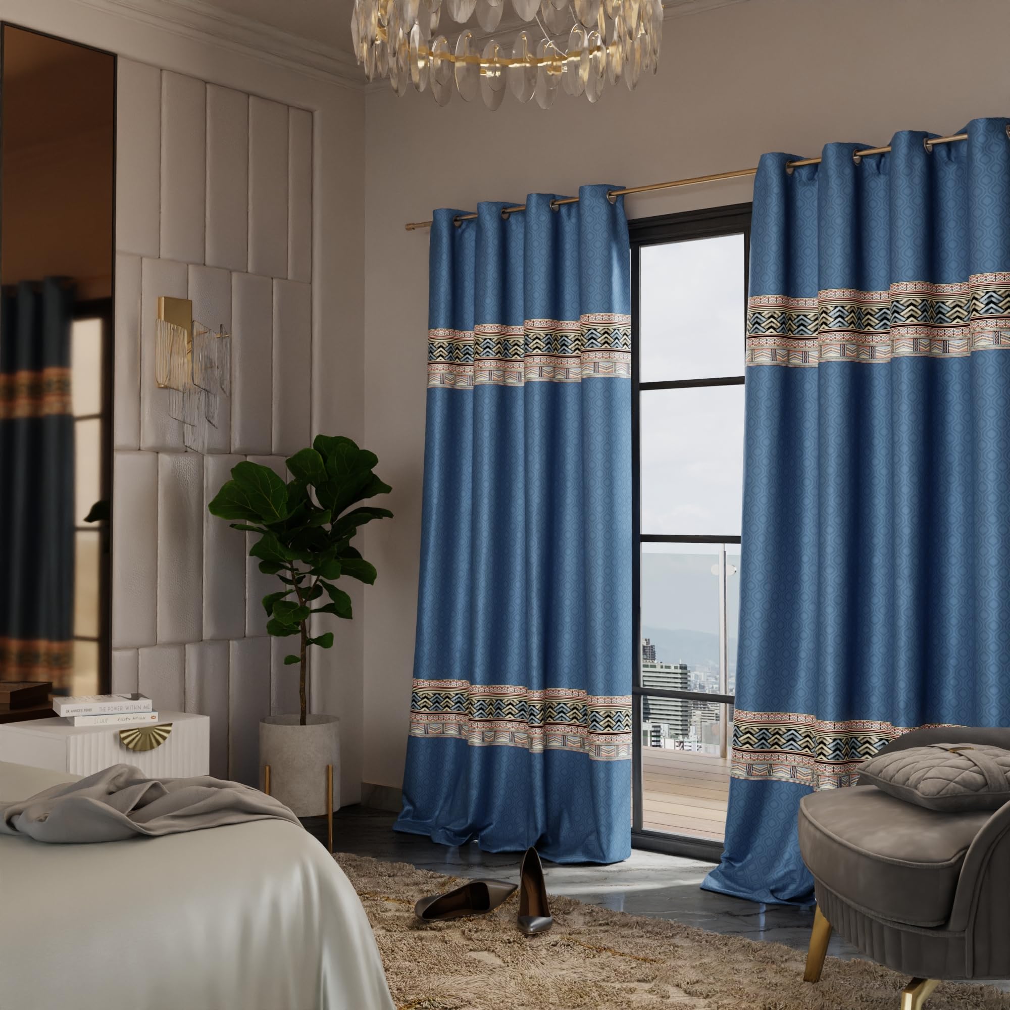 Stoa Paris Satin Curtain for Door, 70% Blackout Curtains, Sun Protection, Set of 2, Versailles - Celestial Blue - Stoa Paris