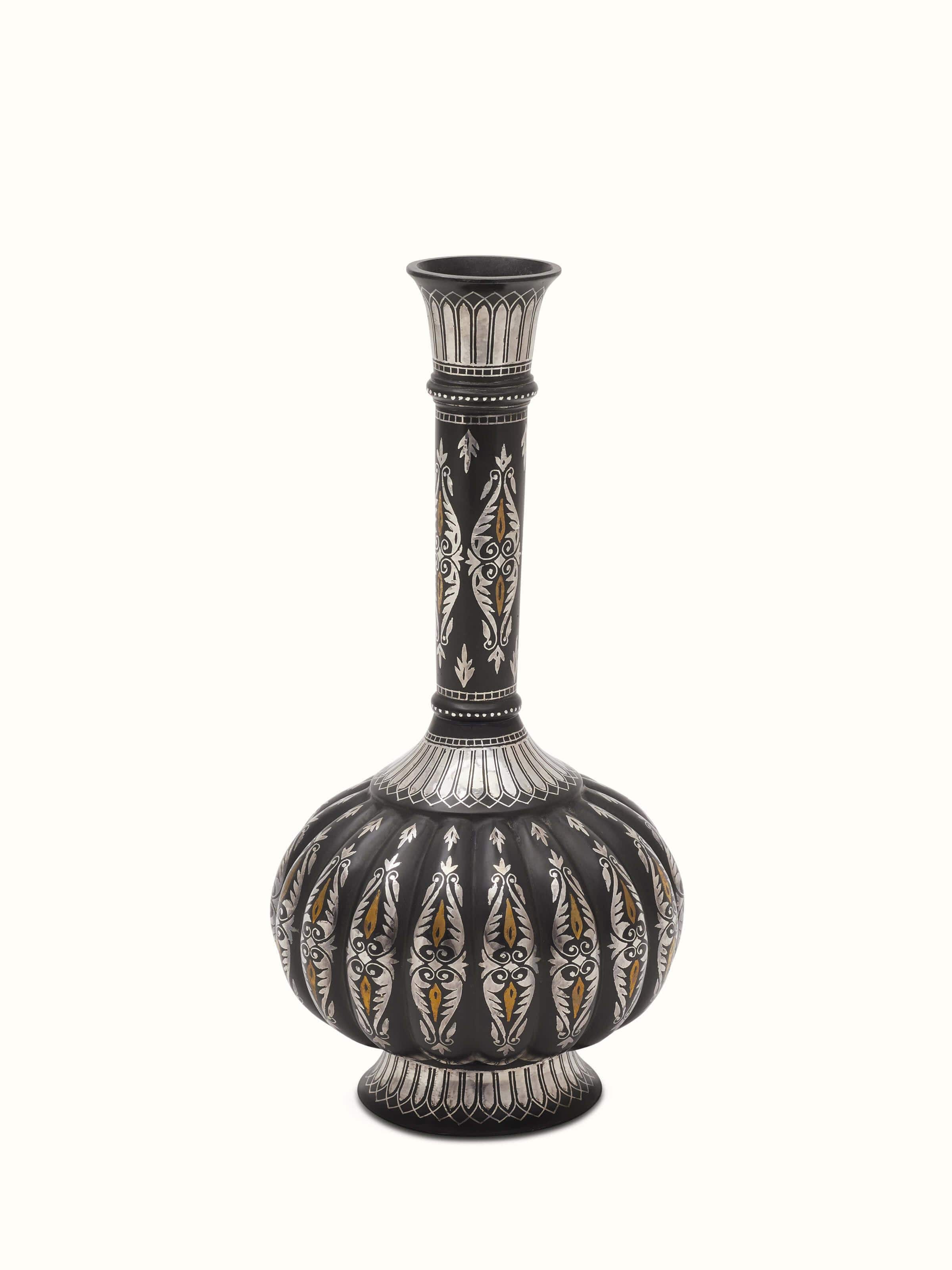 Front view of Bidri Zinc & Silver Big Vase by Swadesh showcasing intricate Bidri design with metallic zinc and silver accents.