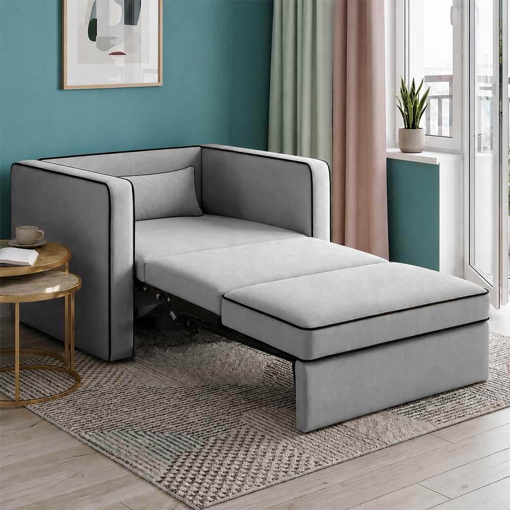 Elano Modern Premium 1 Seater Velvet Pull Out Sofa Cum Bed with Improted Mechanism In Grey Color - Home Lifestylez