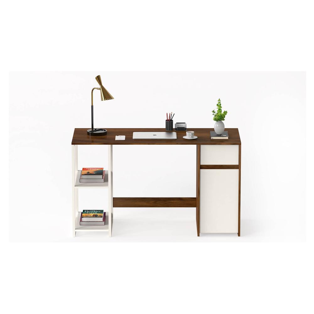 Corbyn Engineered Wood Study and Computer Laptop Table for Home or Office, WFH Desk, with Drawer Shelves Storage for Books and Décor Display for Adults Kids Students (Brown Maple & White)