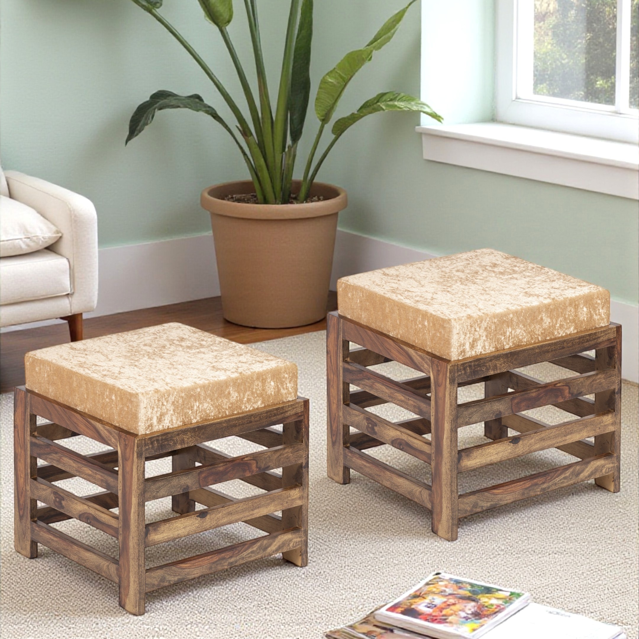 Houston Sheesham Wood Contemporary Set of 2 Stools in Beige Sparkle Velvet, Teak Finish - Ikiriya