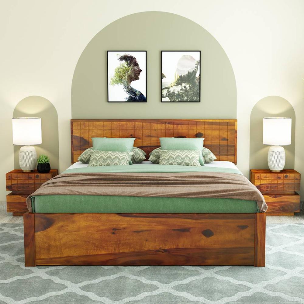 Esra Solid Wood King  Size Bed With Box Storage (Honey Oak Finish)
