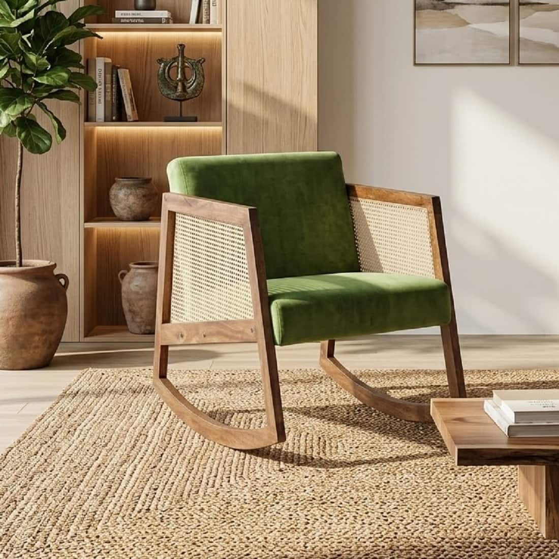 Shrey Solid Wood Rocking Sofa With Cane Designed In Natural Finish - Demiwall
