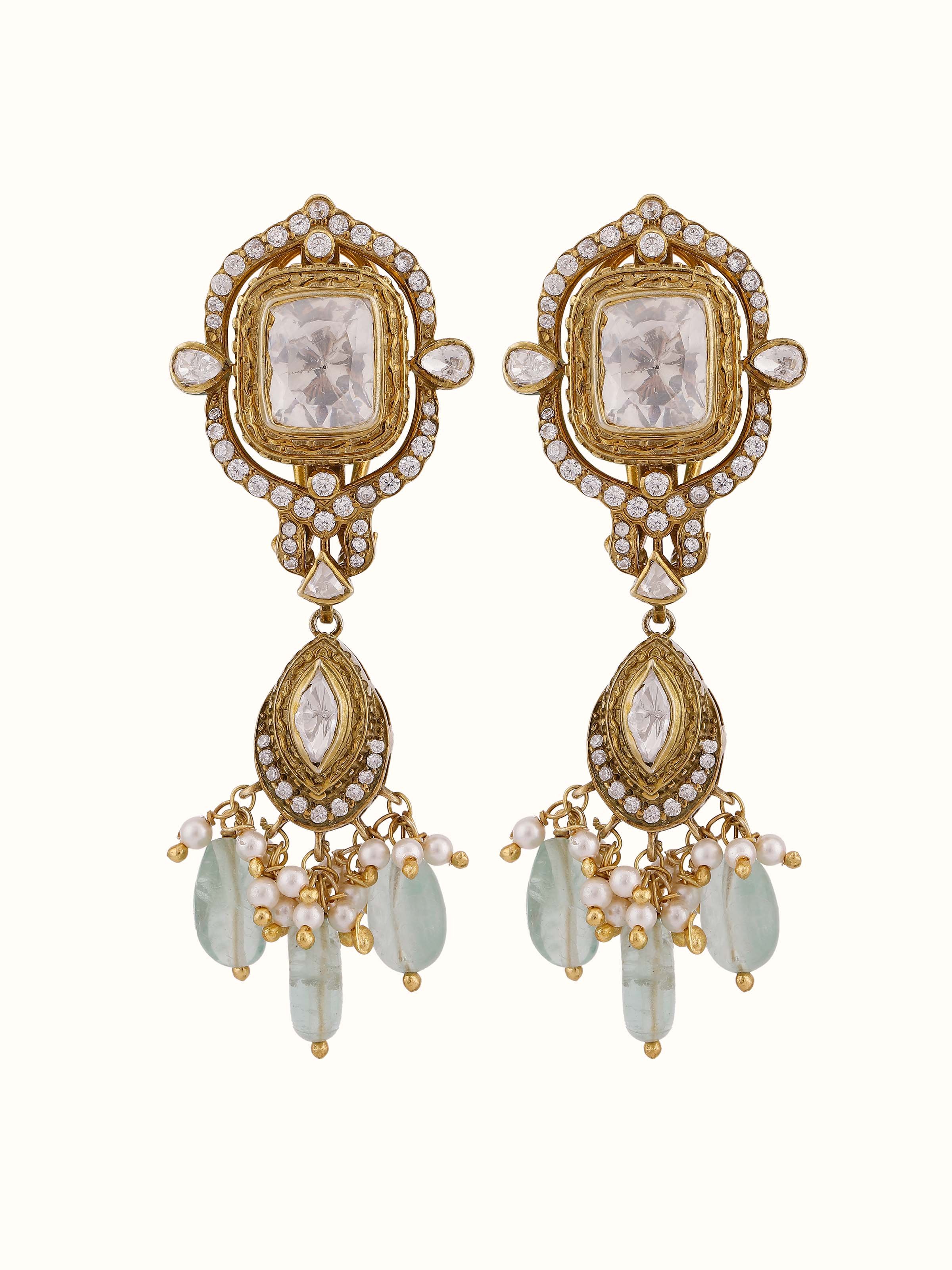 Side view of Dank Polki silver drop earrings