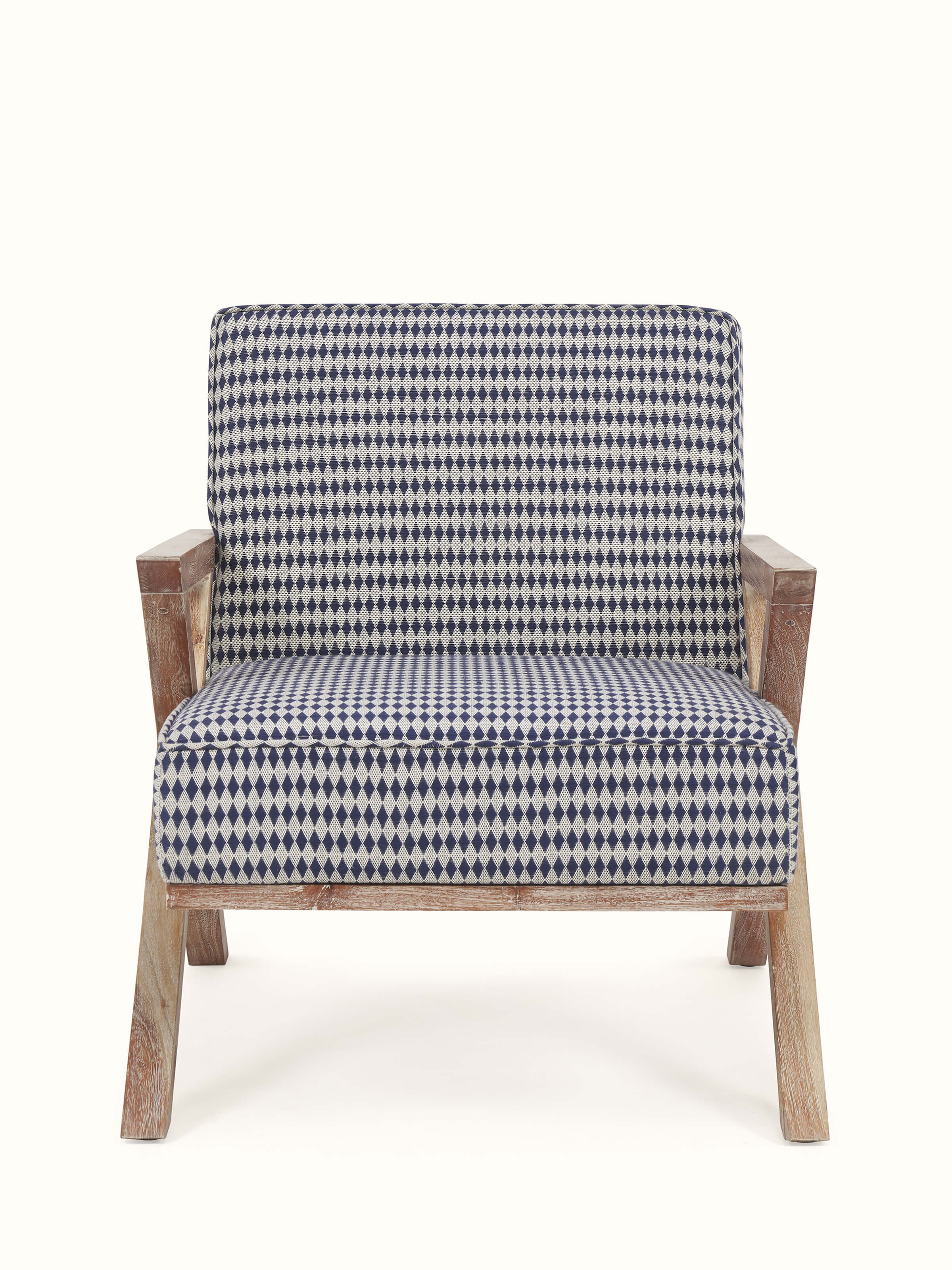 Front view of Swadesh Upholstered Acacia Wood Armchair showcasing its elegant upholstery and solid wood frame