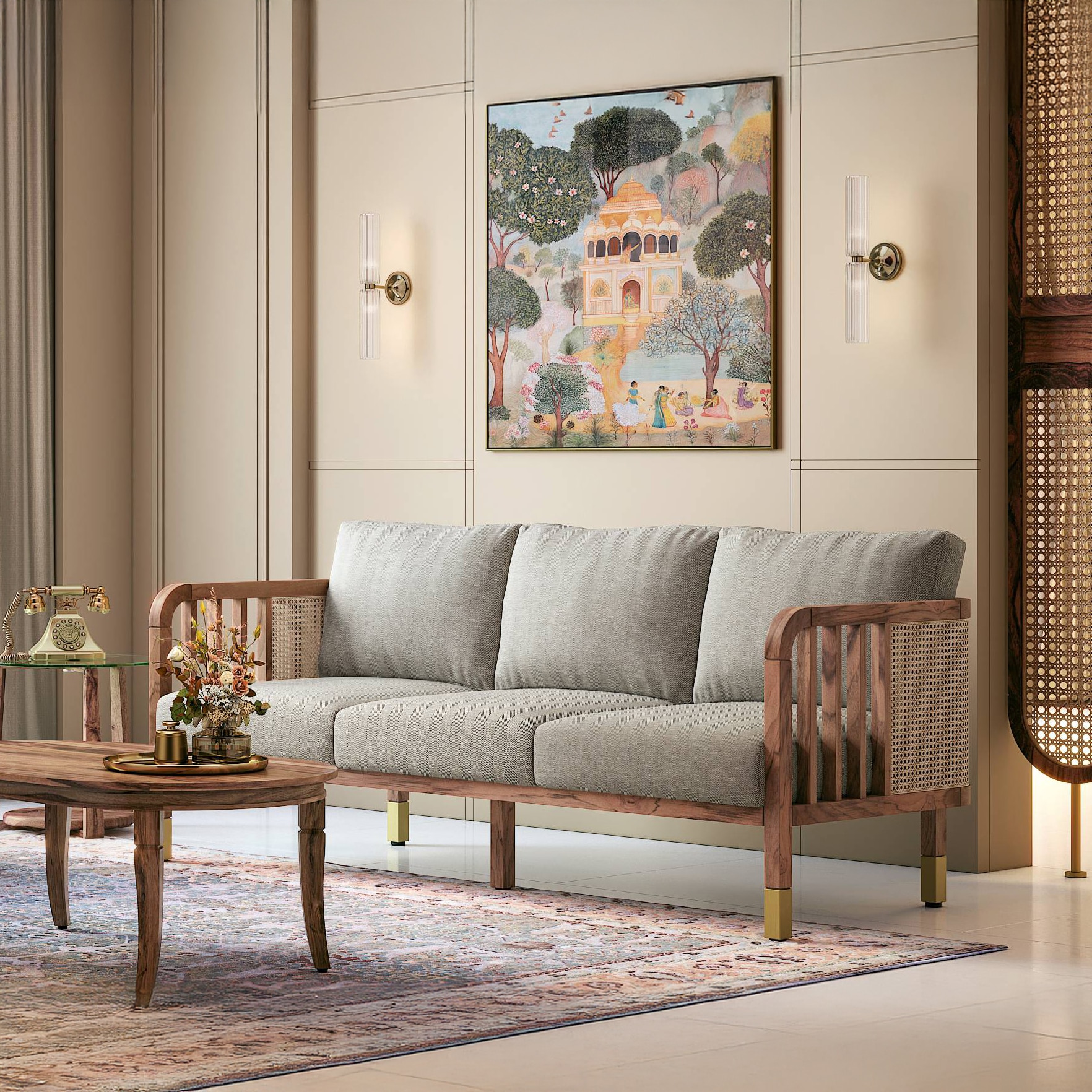 Taran 3 Seater Wooden Sofa in Natural Herringbone Colour