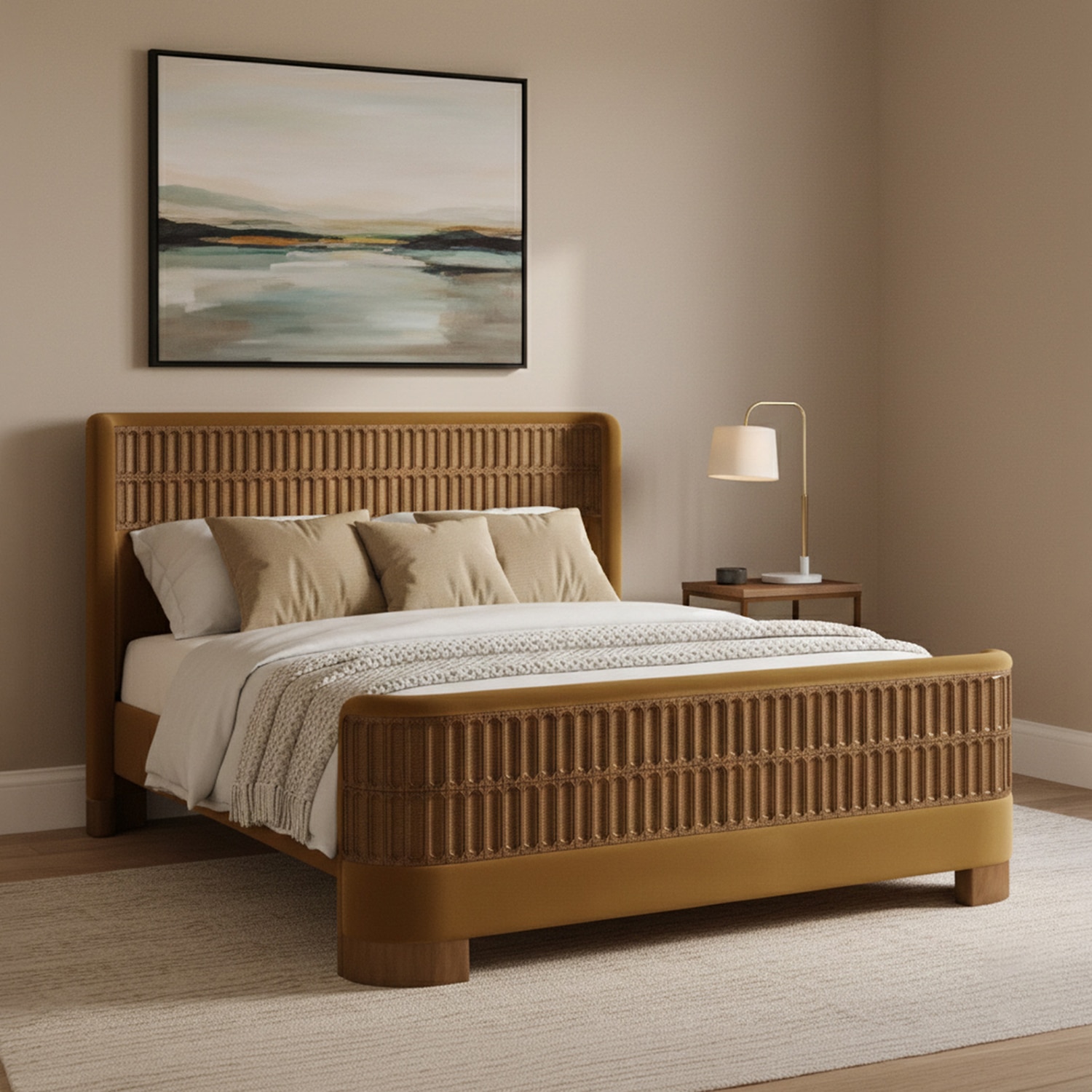 Heritage Cane Upholstered King Size Bed in Linen With Oak wood Frame - Nestroots