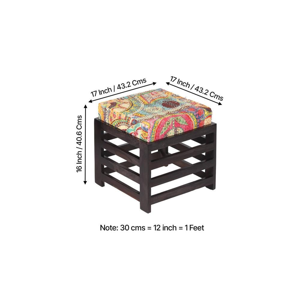 Houston Sheesham Wood Stool in Mahogany Finish & Multi Colour Israel Print Kantha fabric Cushion