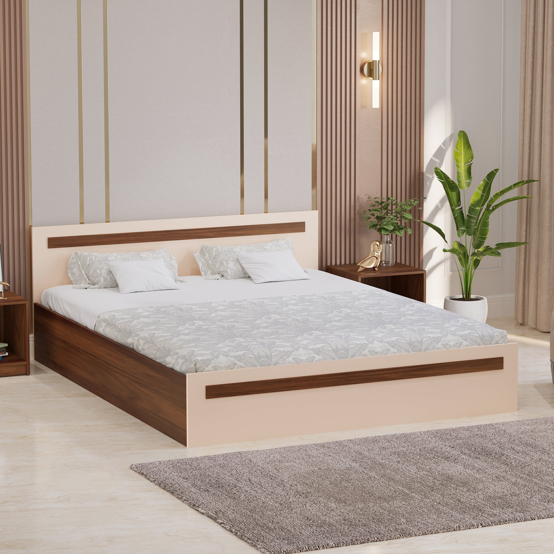 BLUEWUD Maltein Engineered Wood Double Bed, King Size Bed with Storage Box for Bedroom Home Furniture (Brown Maple & Beige)