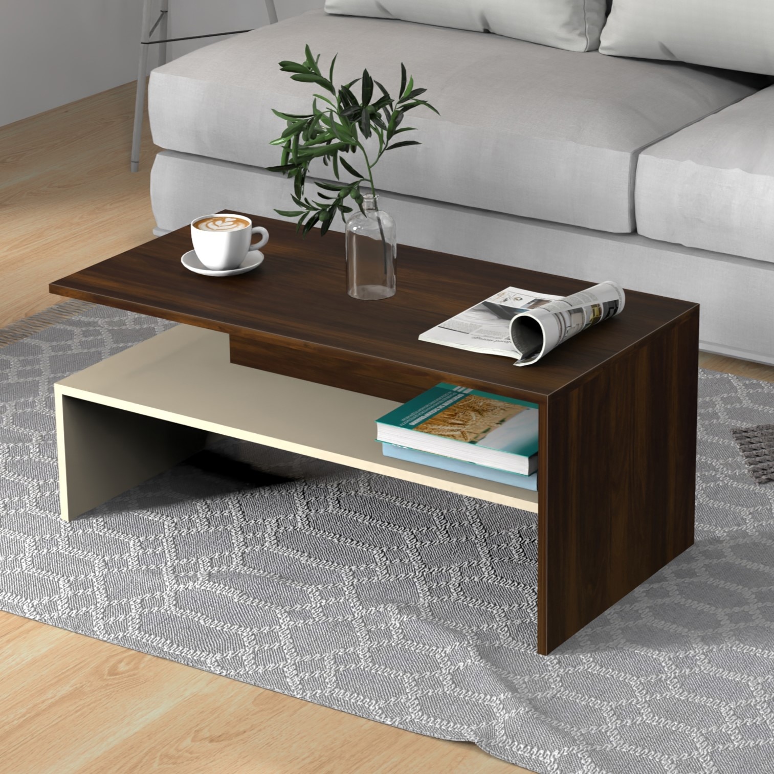 BLUEWUD Taurley Engineered Wood Coffee Center Sofa Tea/Teapoy Console Table for Sofa Set Living Room Home Hall (Brown Maple & Beige)