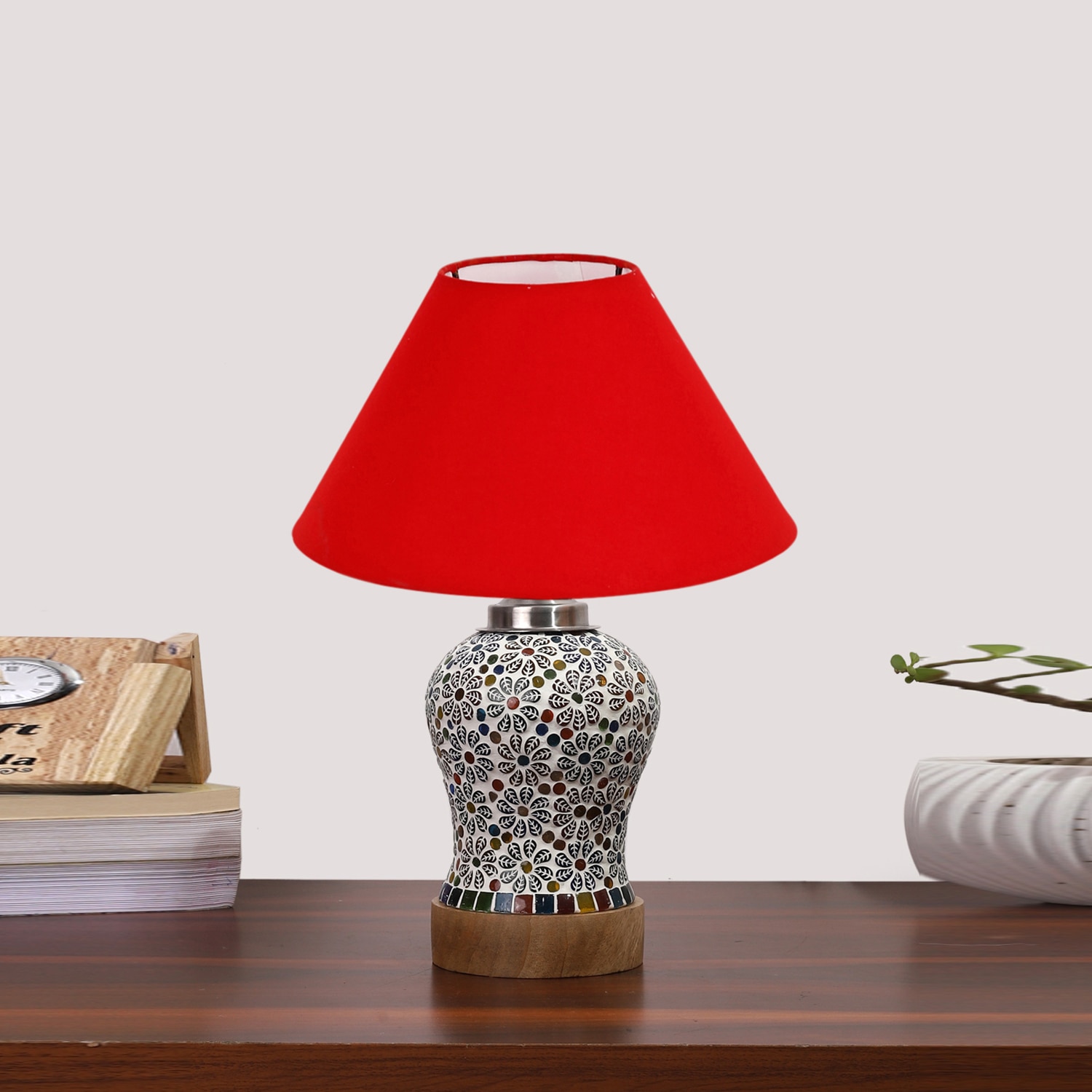 Devansh Conical Red Cotton Shade Lamp With Wood & Mosaic Glass Base For Decoration/Office/Home/Gifting/Study For Decoration/Office/Home/Gifting/Study -(10X10X14.5) Inches -A - Devansh