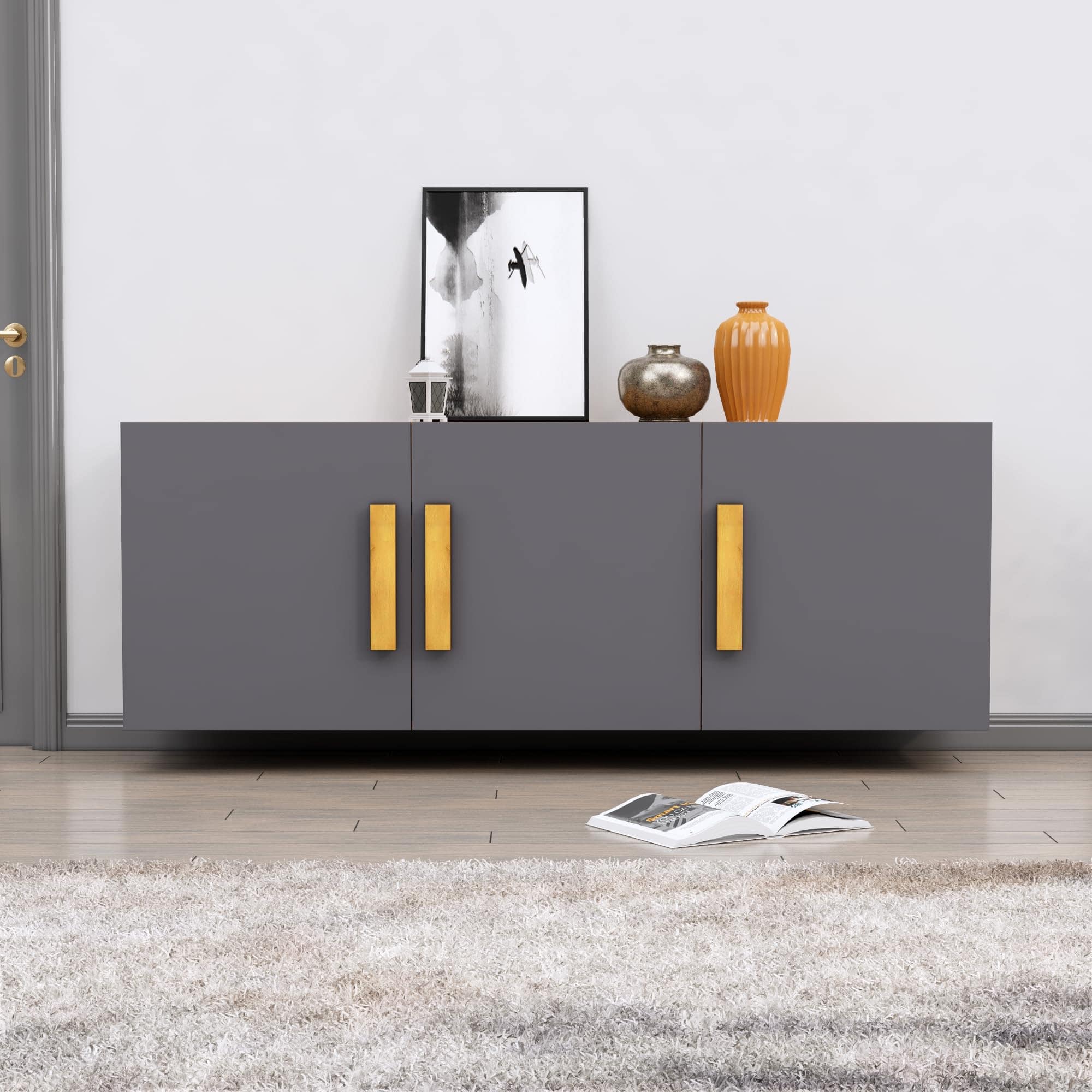 Hexa Red Multipurpose Storage Cabinet With 3 Door in Giant Wood And Slate Grey Colour - HexaRed