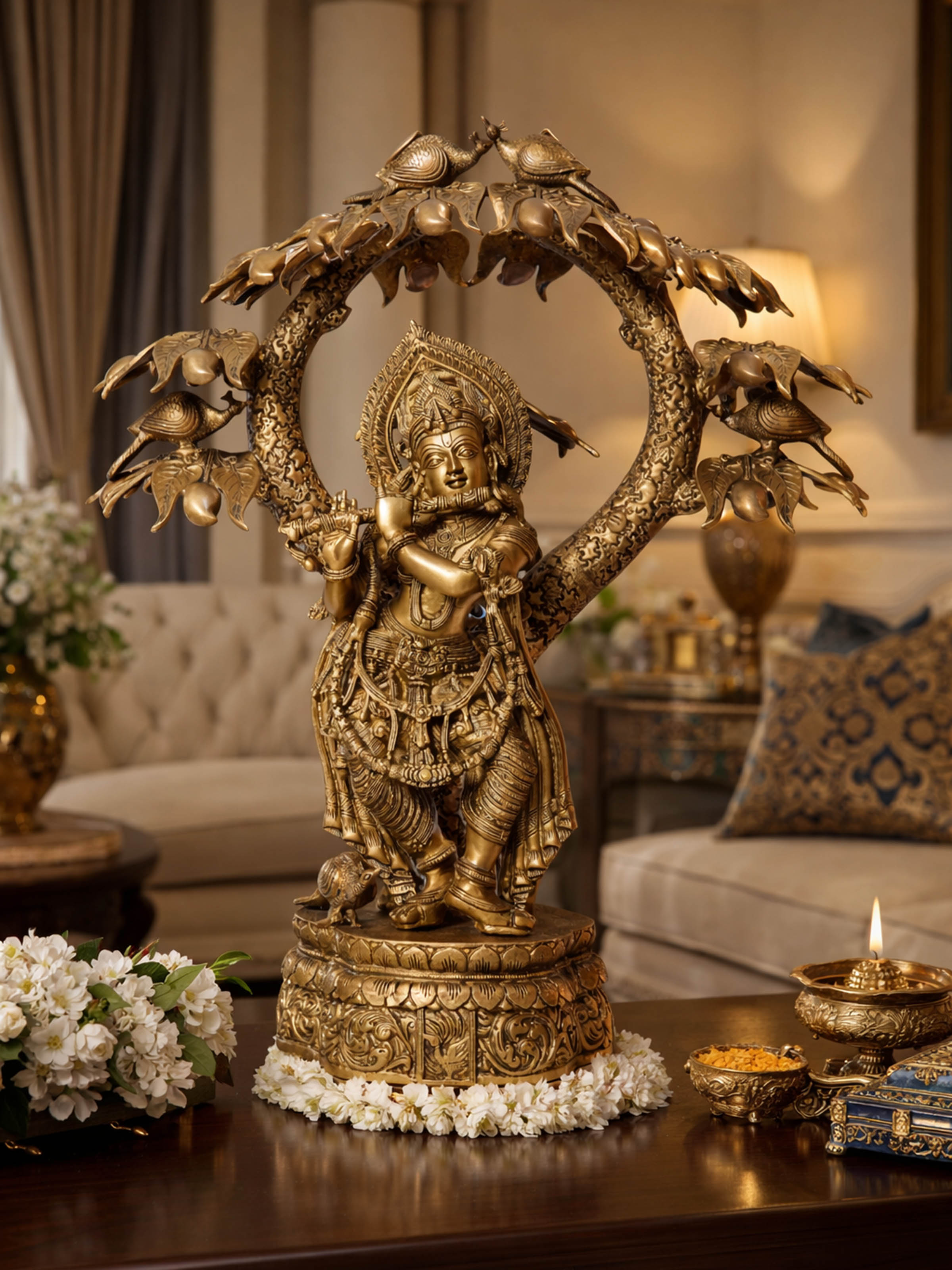 Brass Krishna Standing Tree Idol