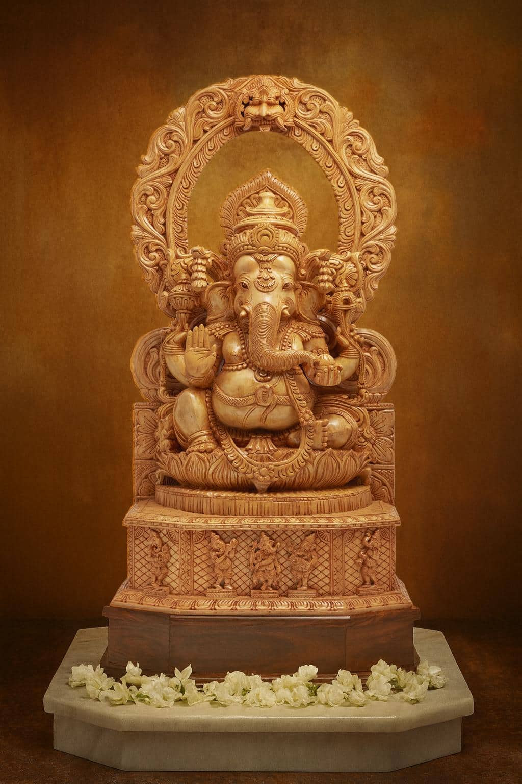 Sumukha Carved Shivani Wood Ganesha with Prabhavali Idol