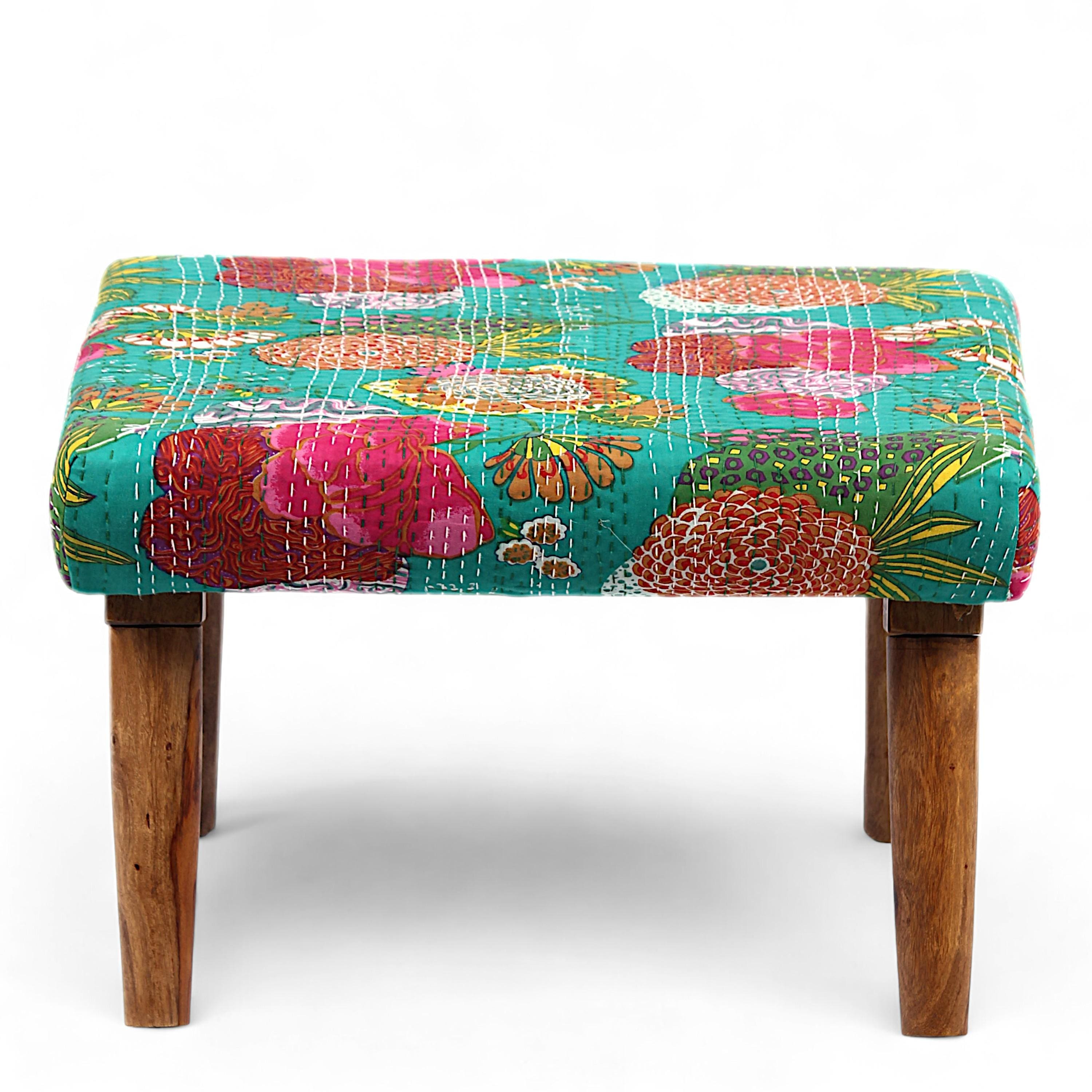 Queens Solid Wood Pouf Stool in Sea Green Fruit Print fabric