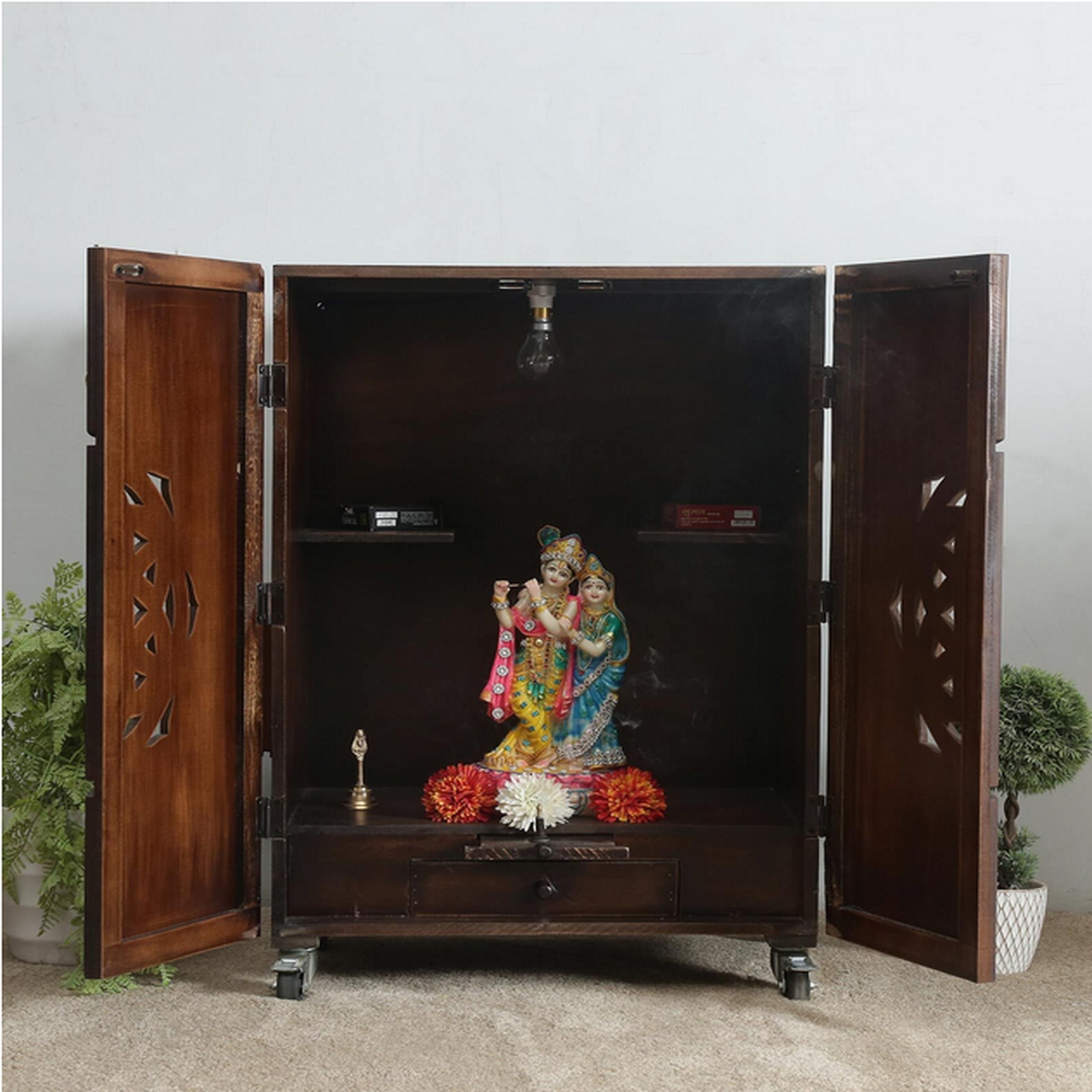 D'Dass Big Dark Mdf and Sheesham Wooden Pooja Cabinet With Door - D'DASS