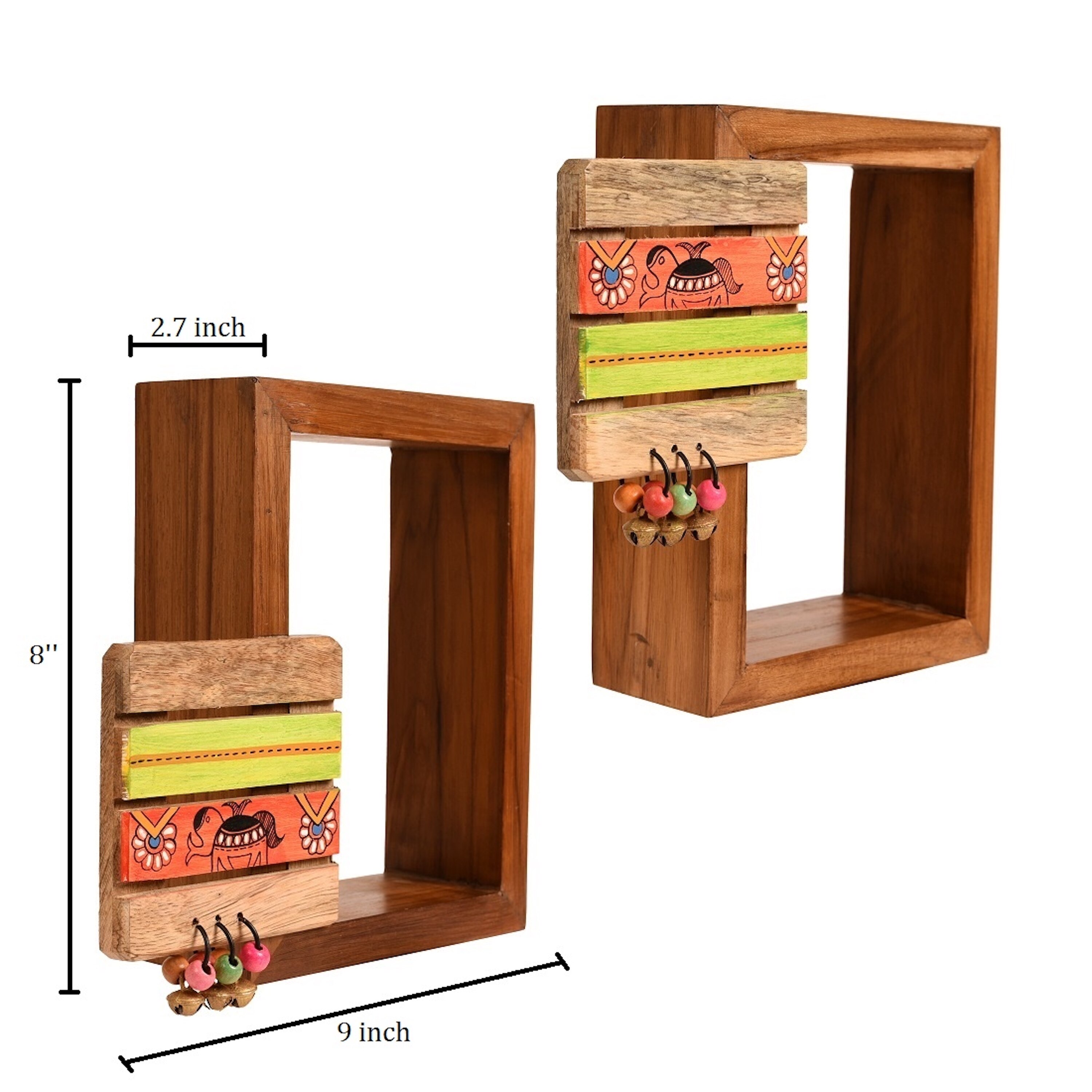 Wall Decor 2 Wooden Shelf & 2 Pots Madhubani Design Red (9x2.7x8)