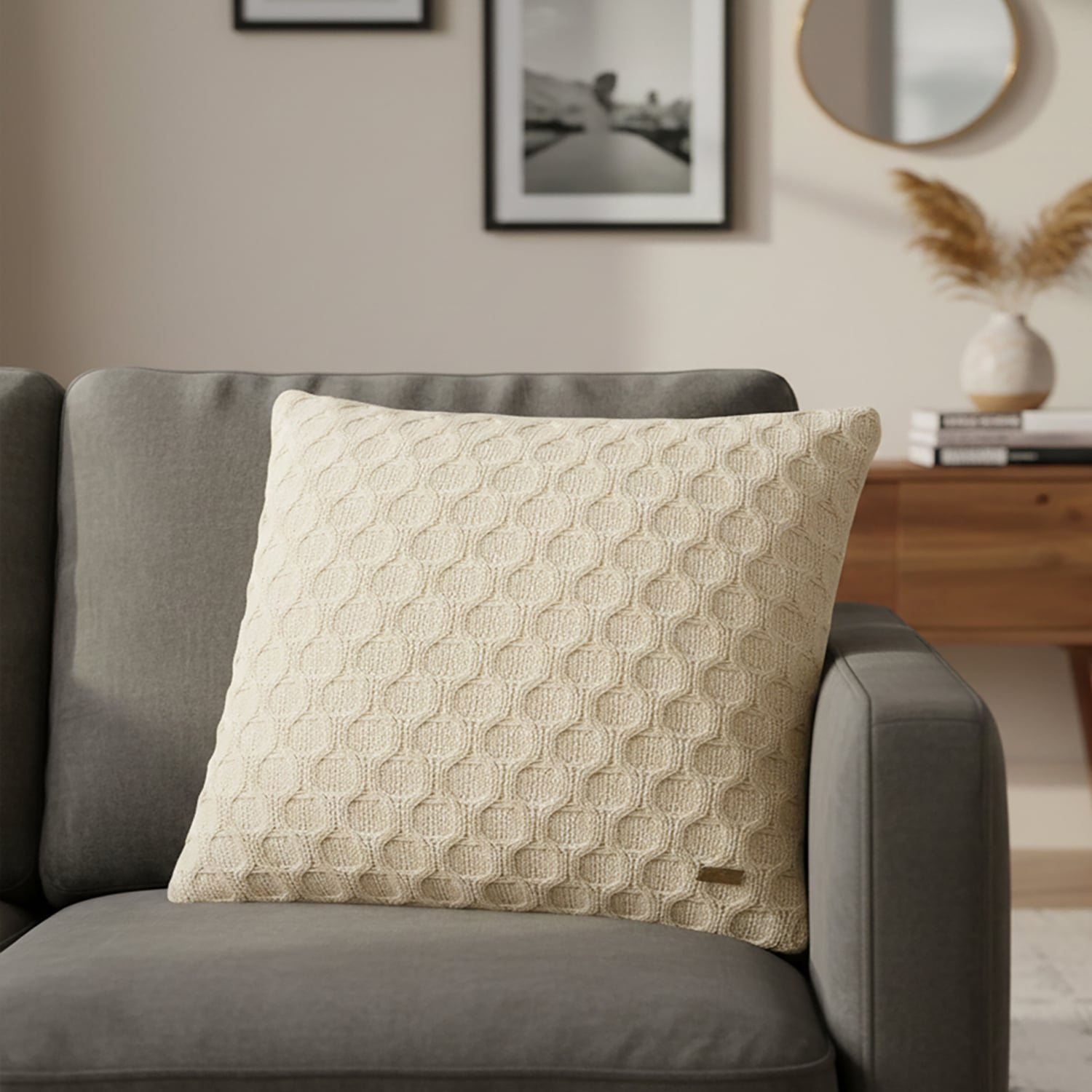 Kelly Knit Natural Cotton Knitted Cushion Cover 16X16 Inches - Pluchi