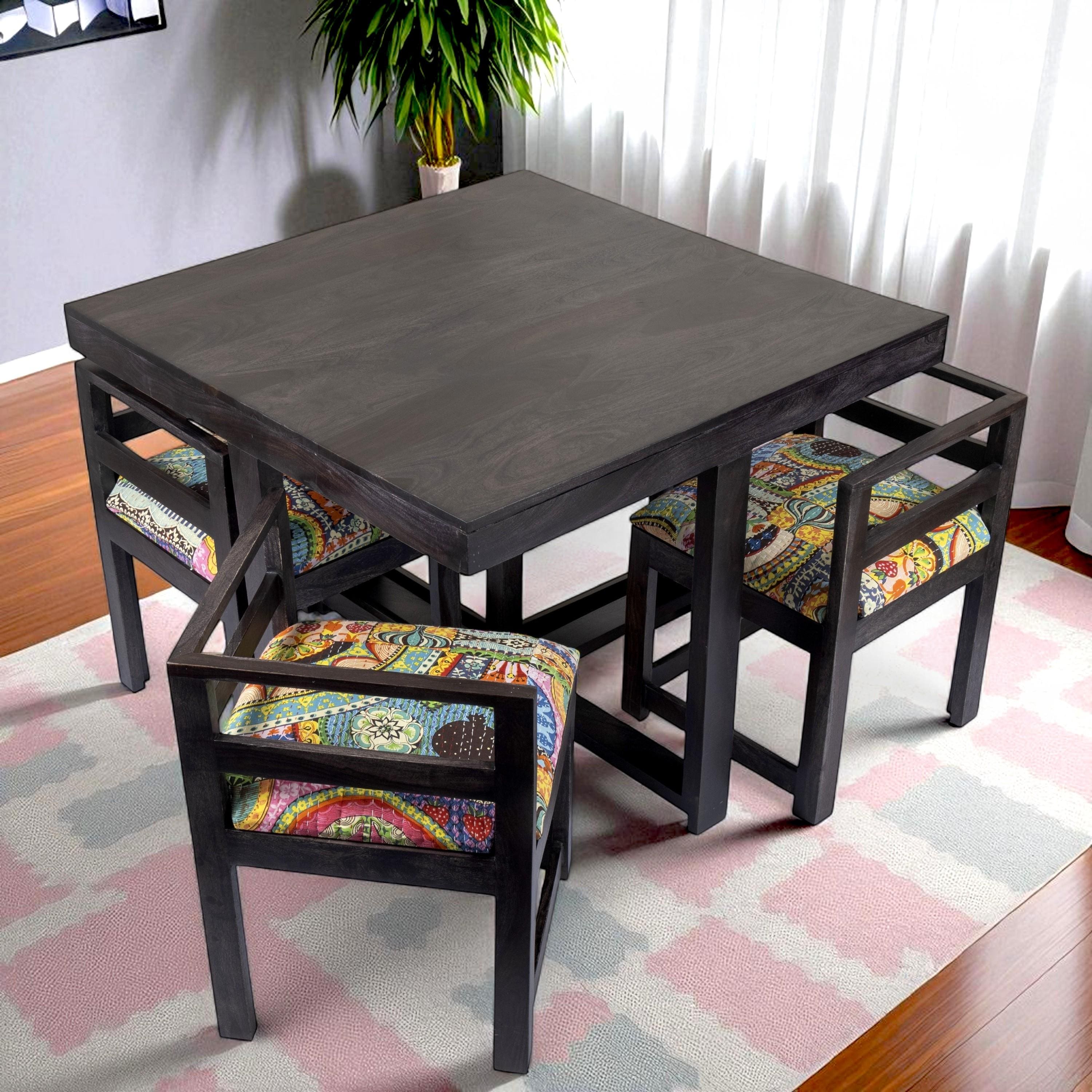 Kingston Sheesham Wood 4 Seater Dining Table Set in Mahogany Finish & Multi Colour Israel Print Kantha fabric Upholstery
