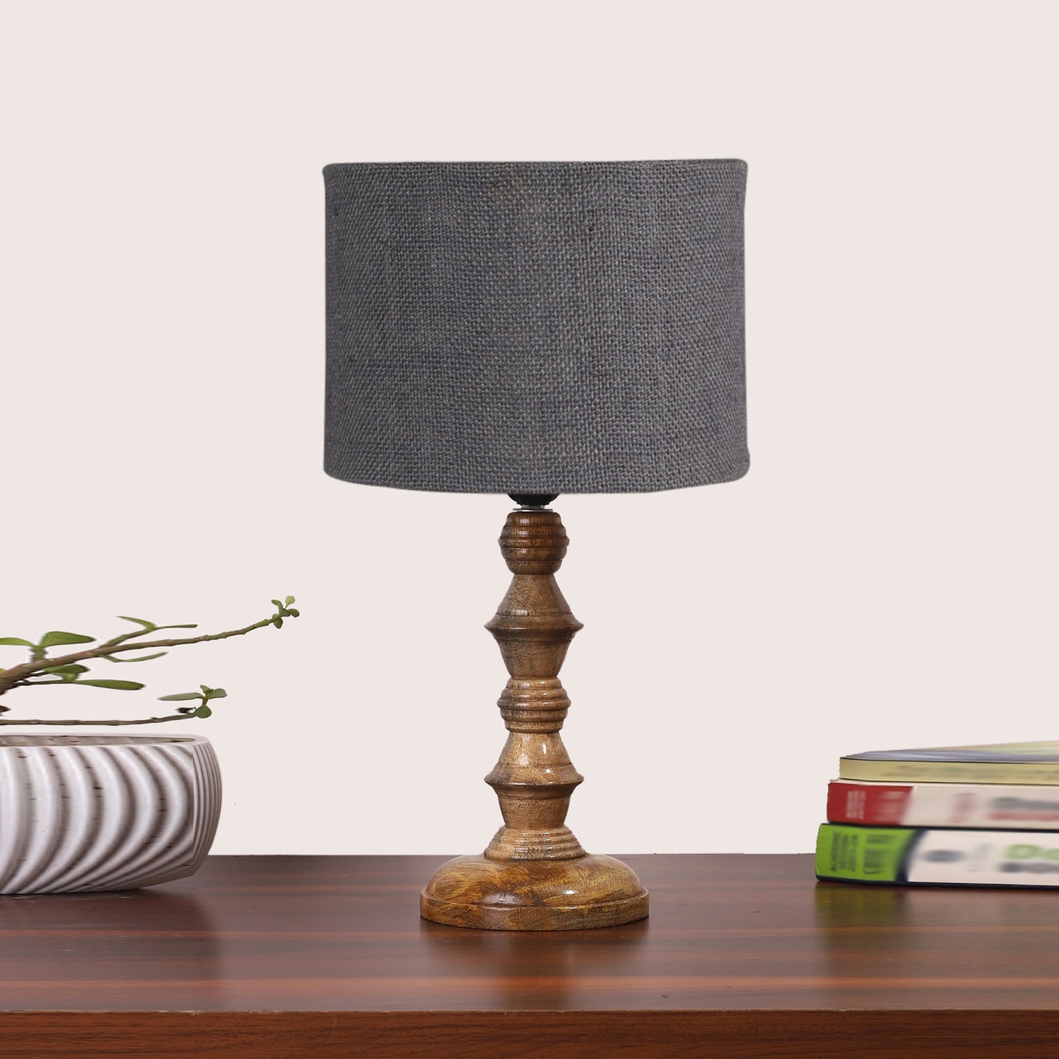 Devansh Grey Jute   Table Lamp With  Wood Natural Base (7X7X15.5 Inches)-17