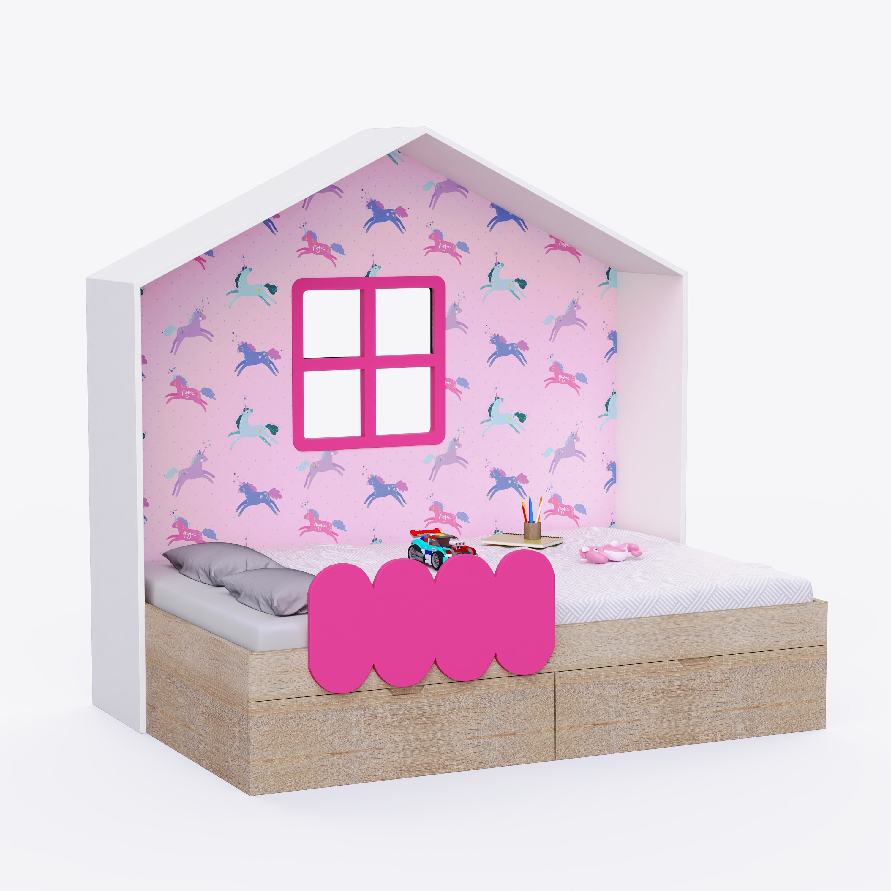 Little Hut Bed 6X4 Drawers On Wheels In Pink Colour53