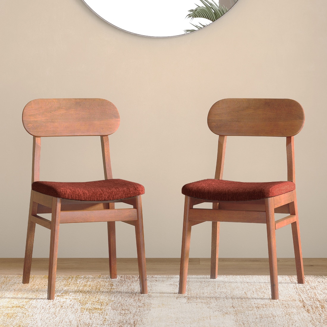 Lunar Solid Wood Dining Chair Set of 2 In Honey Finish With Dark Coral Fabric Colour