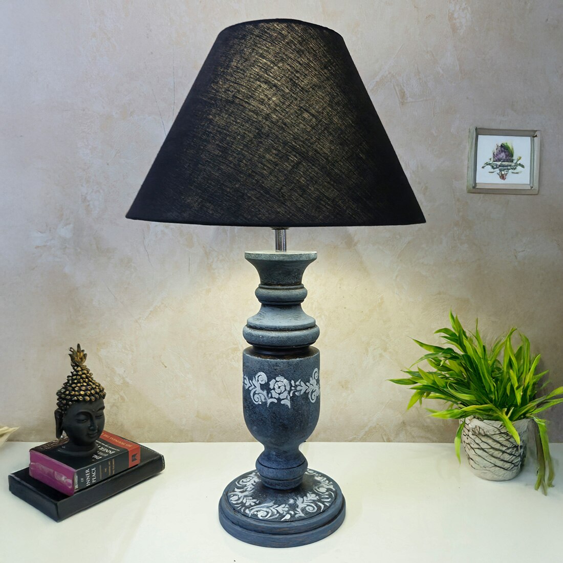 Pillar Stone Grey Black Wooden Table Lamp in Grey