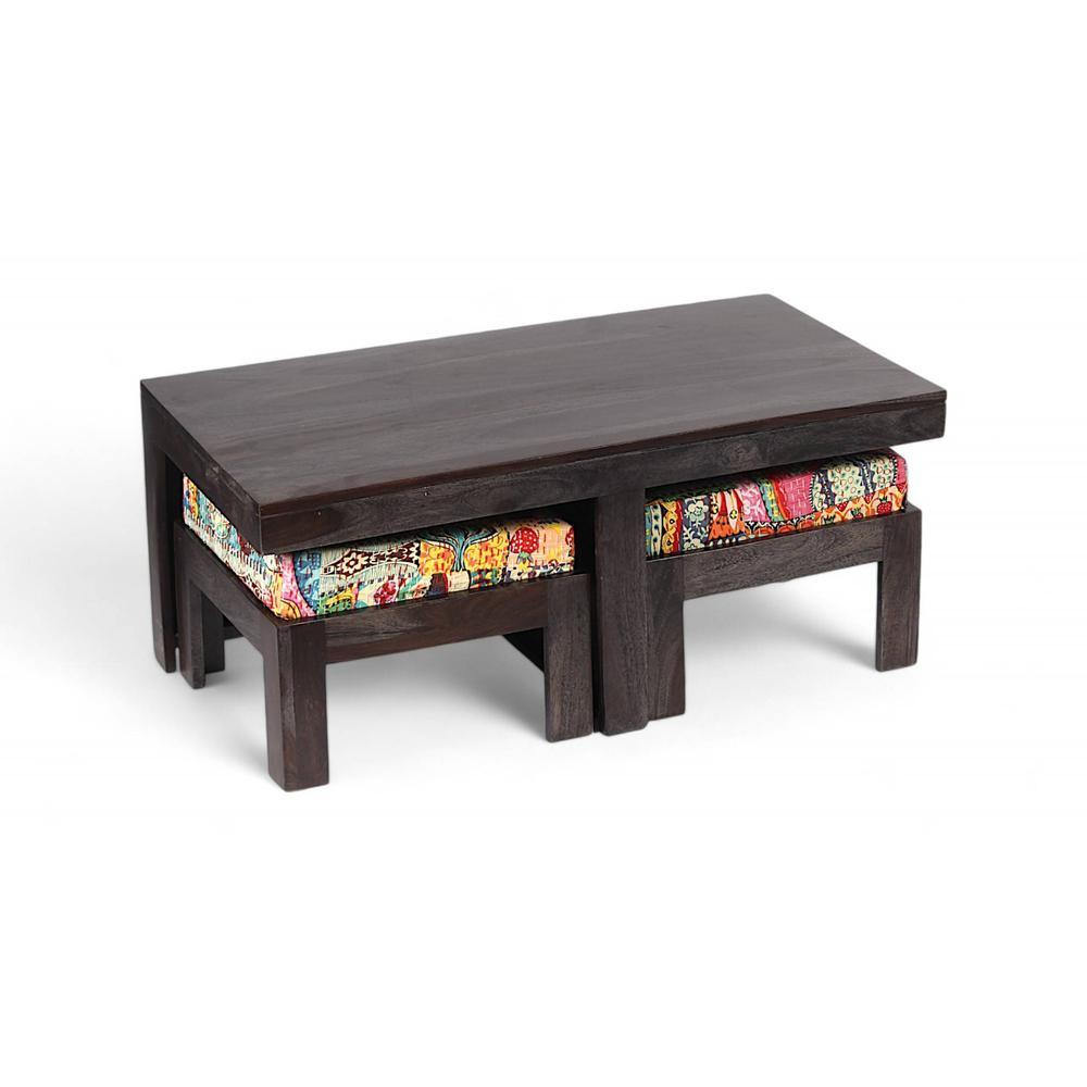 Irish Sheesham Wood Coffee Table With 2 Stools Set In Mahogany Finish & Multi Colour Israel Print Kantha Fabric Cushions