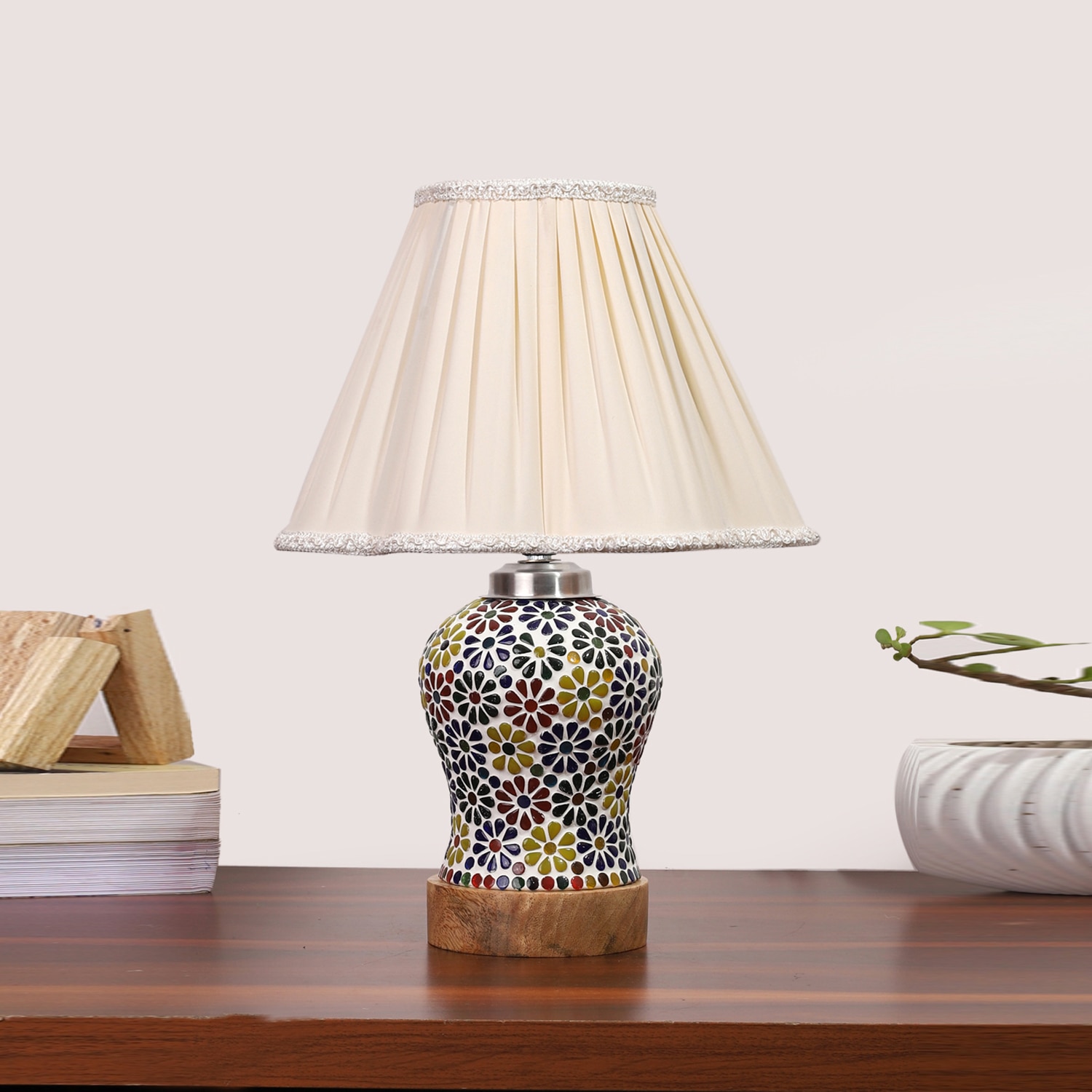Devansh Off-White Vintage  Cotton Pleated Shade Lamp With Wood & Mosaic Glass Base For Decoration/Office/Home/Gifting/Study For Decoration/Office/Home/Gifting/Study - Devansh