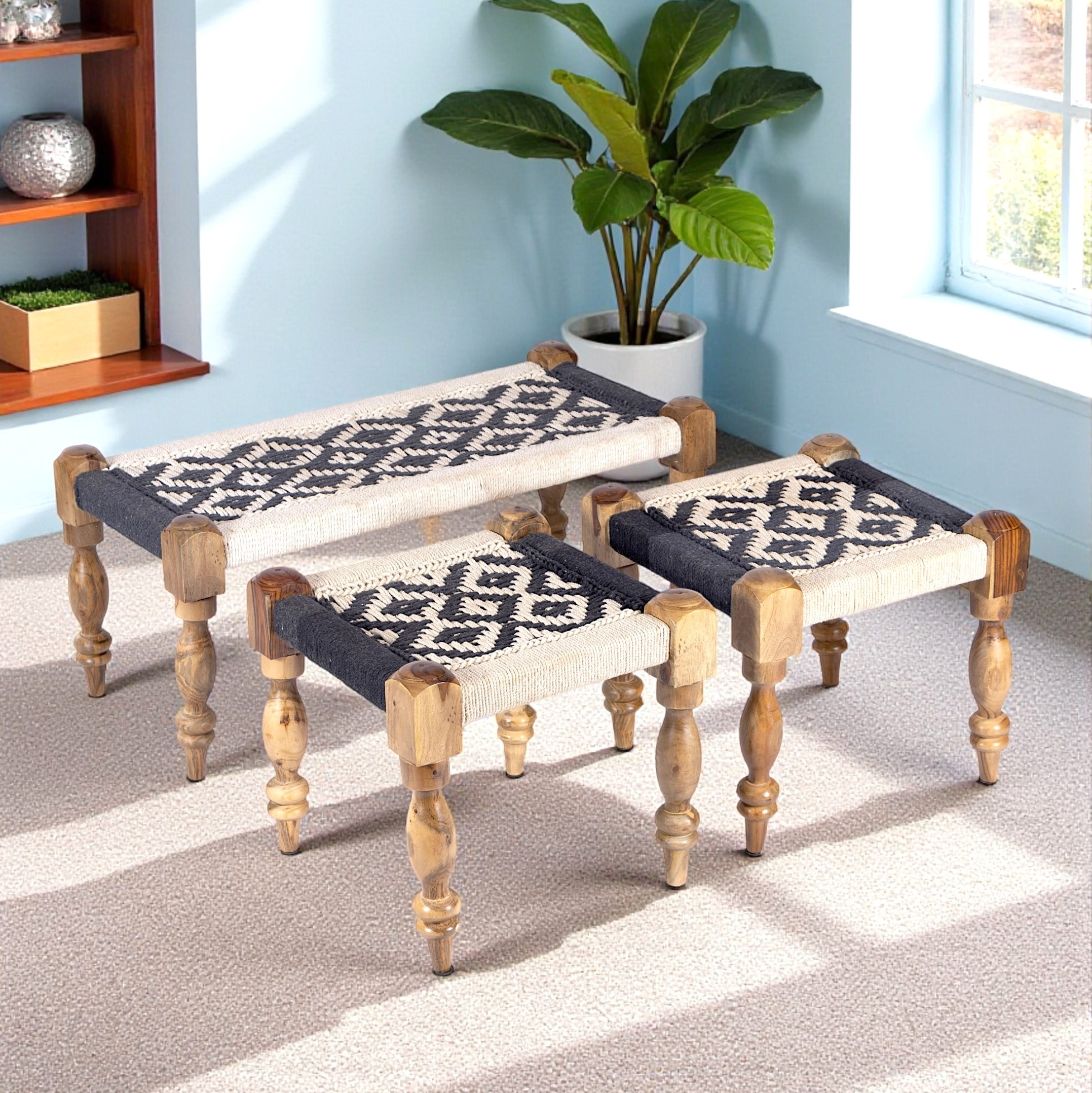 Oakville Sheesham Wood Vintage Seater Maachi Bench Set  2 Stools In Black  White Rope