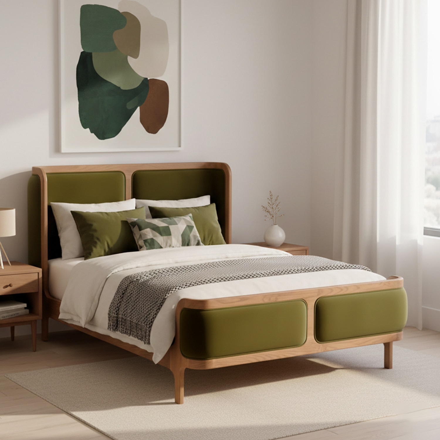 Valerio Duo-Panel Luxe King Size Bed in Olive colour Velvet with Oak wood Frame - Nestroots