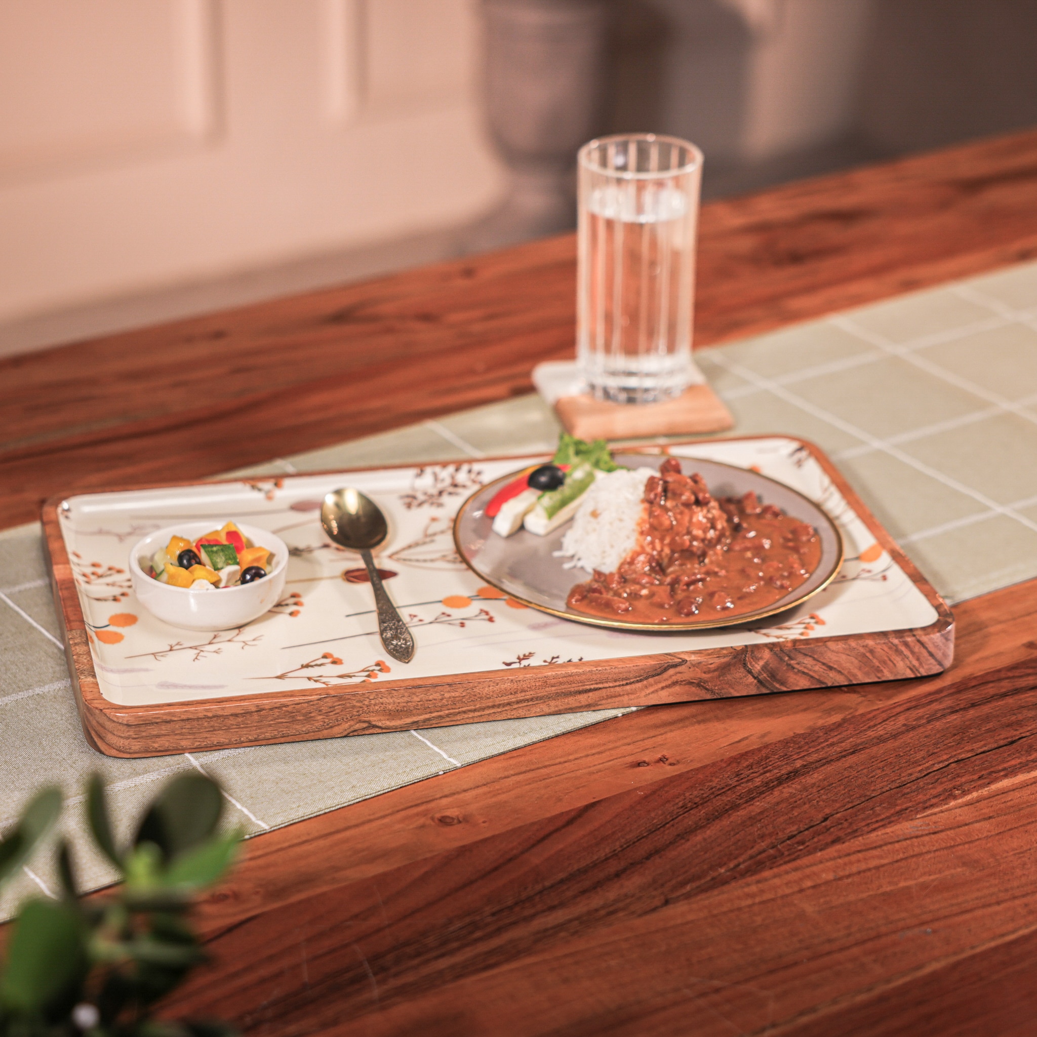 Ireka Home Sneham Wooden Serving Tray with Enamel Finish - Ireka Homes