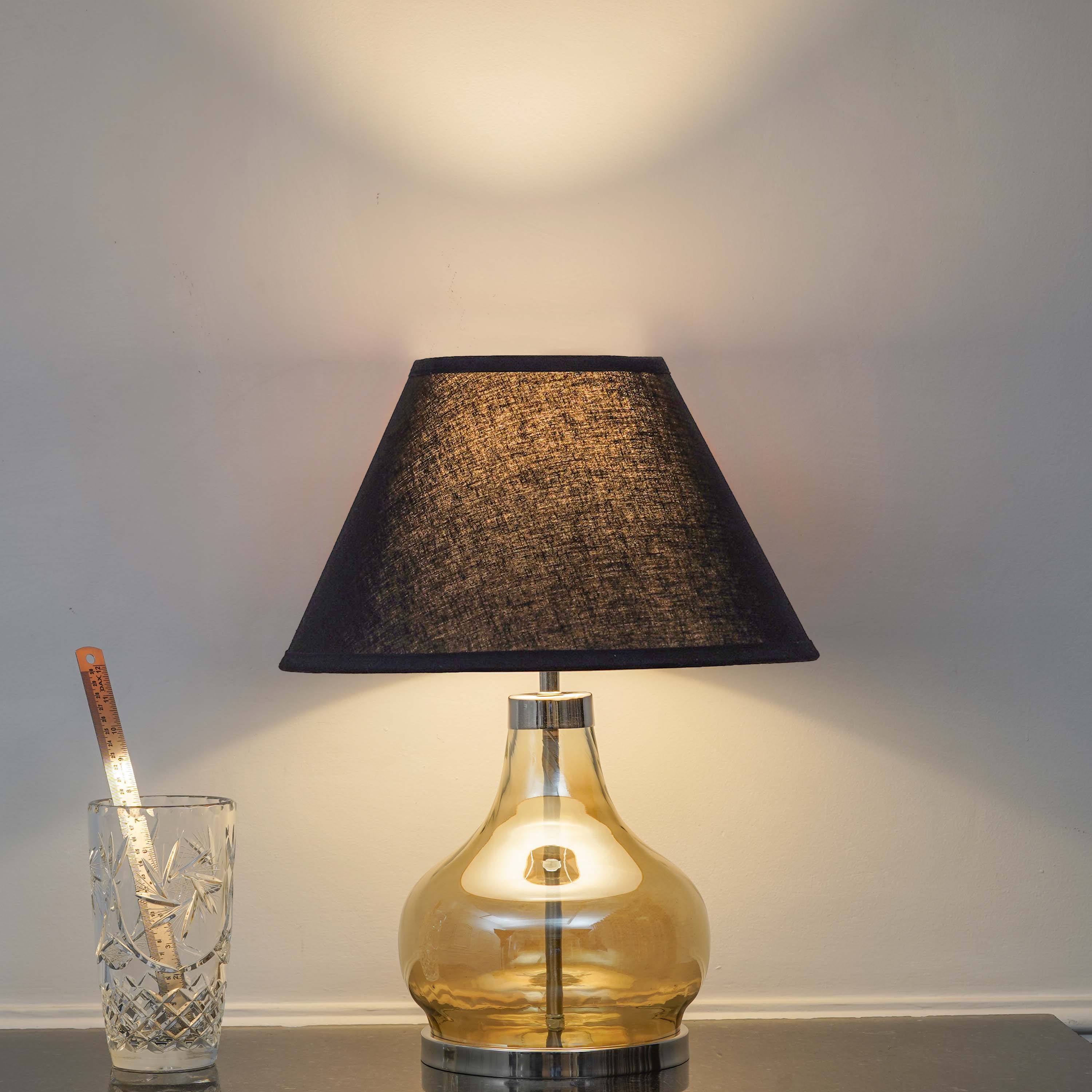 INGRAM Smoke Glass and Metal Table Lamp With Black Cotton Shade - Kapoor Lamp Shades