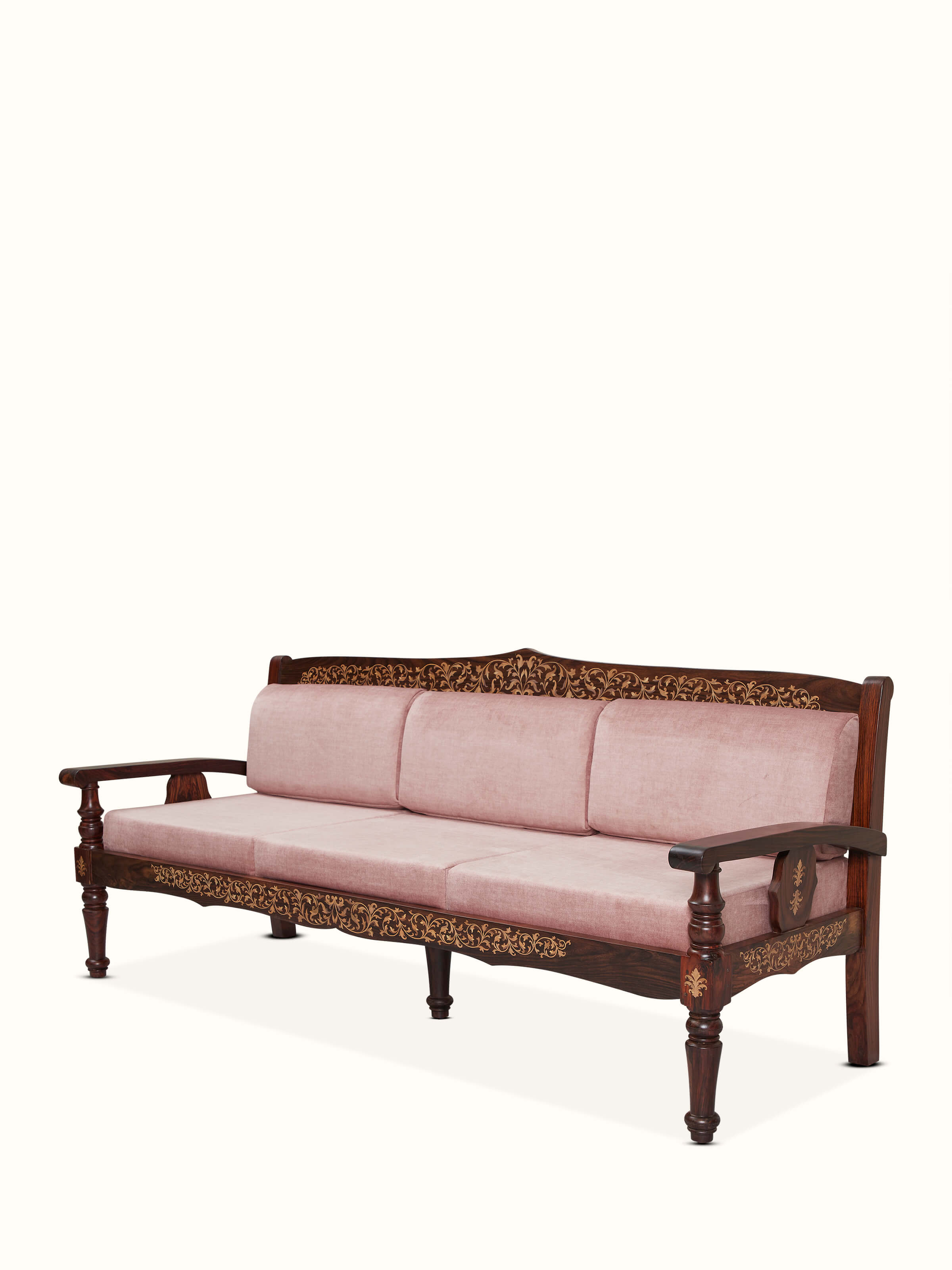 Close-up of the Mysore Rosewood inlay detailing on the 3-seater sofa, highlighting the craftsmanship and luxury of the piece.