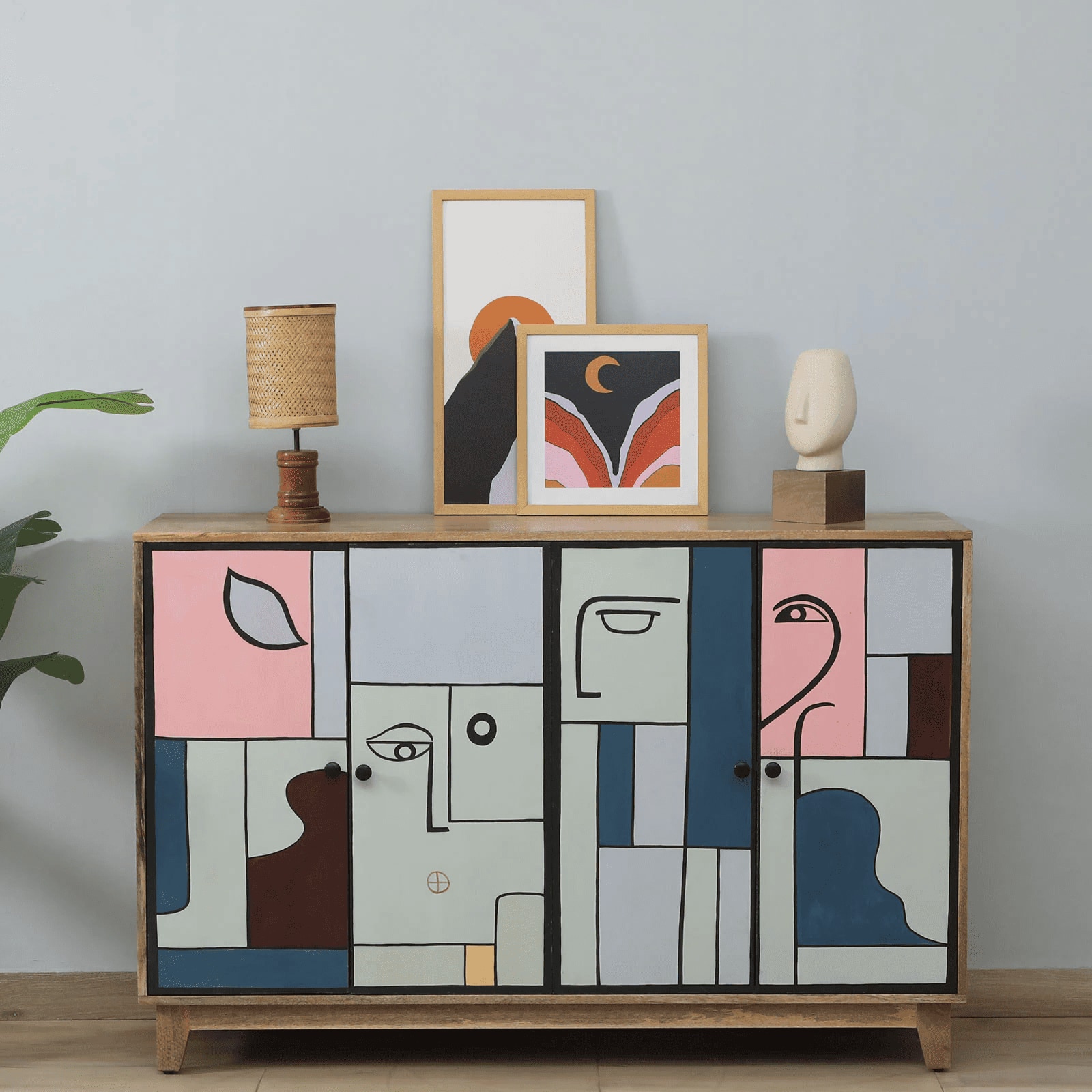 Tulisa Mango Wood Hand Painted Multicolor 4 Door Cabinet In Natural Finish