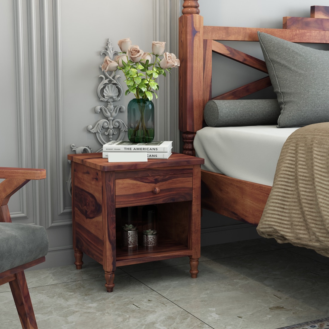 TurningSolid Wood  Bedside Table in Teak Finish