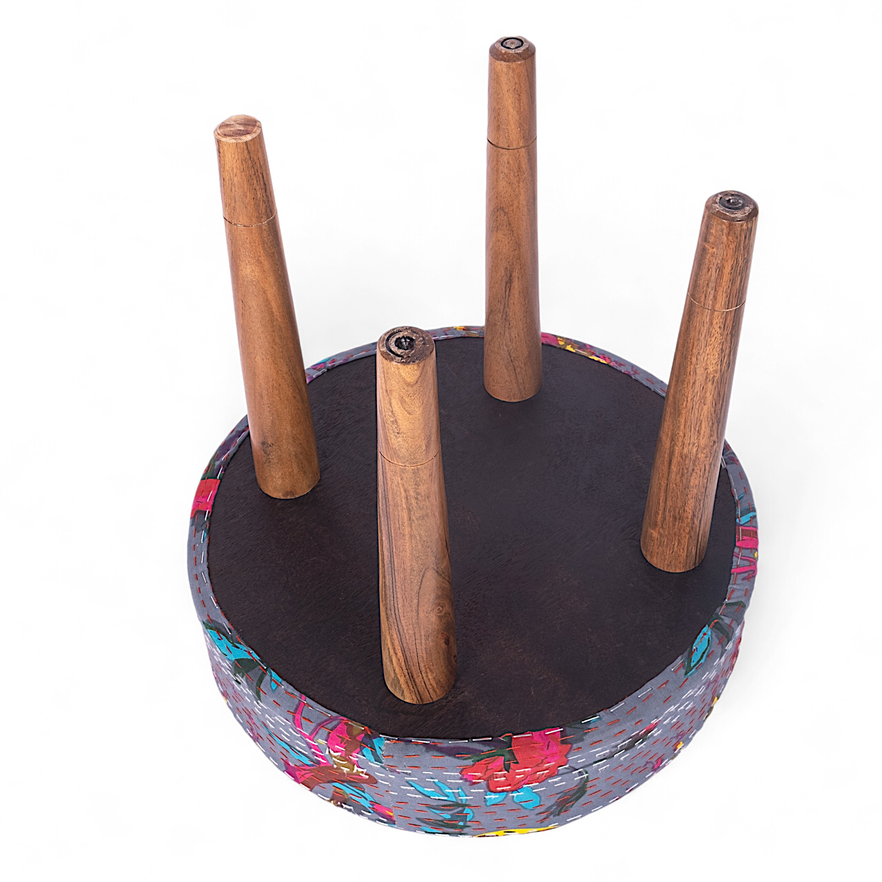 Nayla Sheesham Wood Mid-Century Set of 2 Stools in Grey Bird Print Kantha, Teak Finish