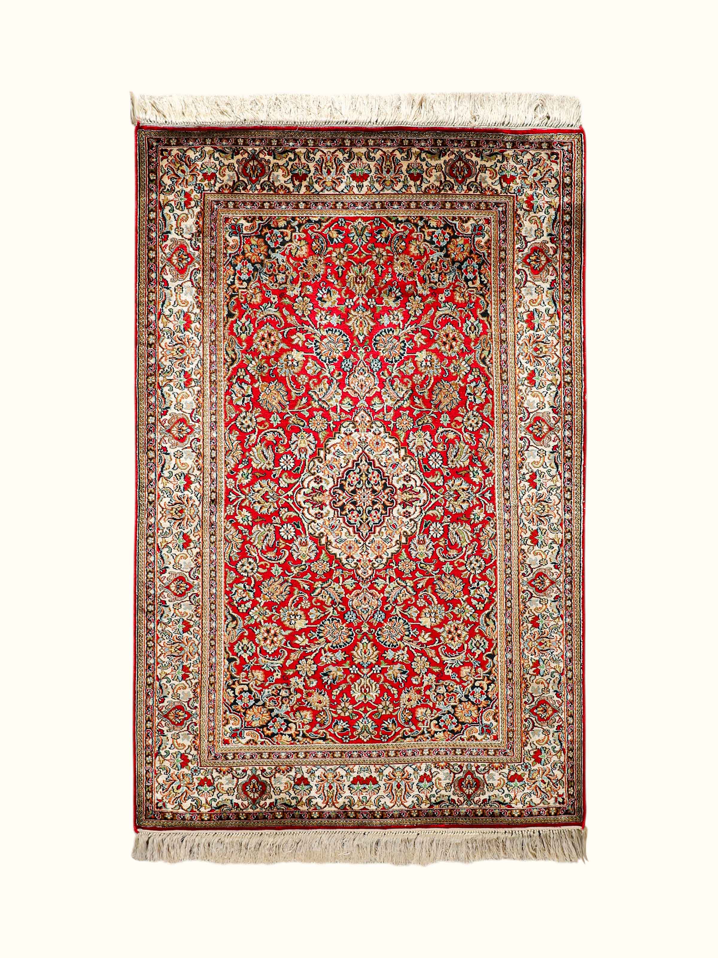 Traditional Persian Red Ivory Kashan Kashmir Silk Hand-Knotted Carpet