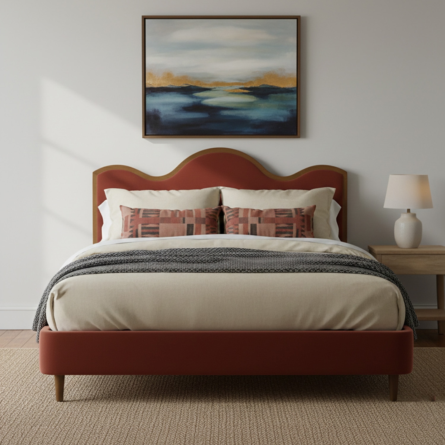 Solara Wave Luxe King Size Bed in velvet With Oak wood Frame & Hydraulic Storage - Nestroots