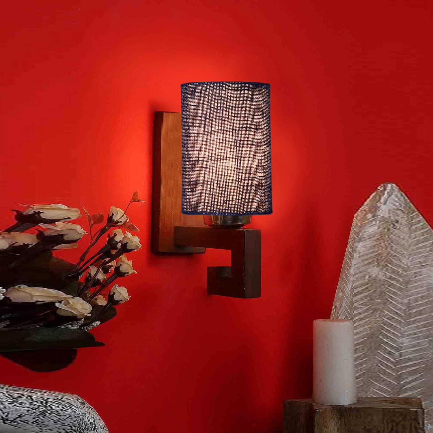 Devansh Solid Wood Electric Wall Light in Blue Colour with Blue Shade Count of 1 Light - Devansh