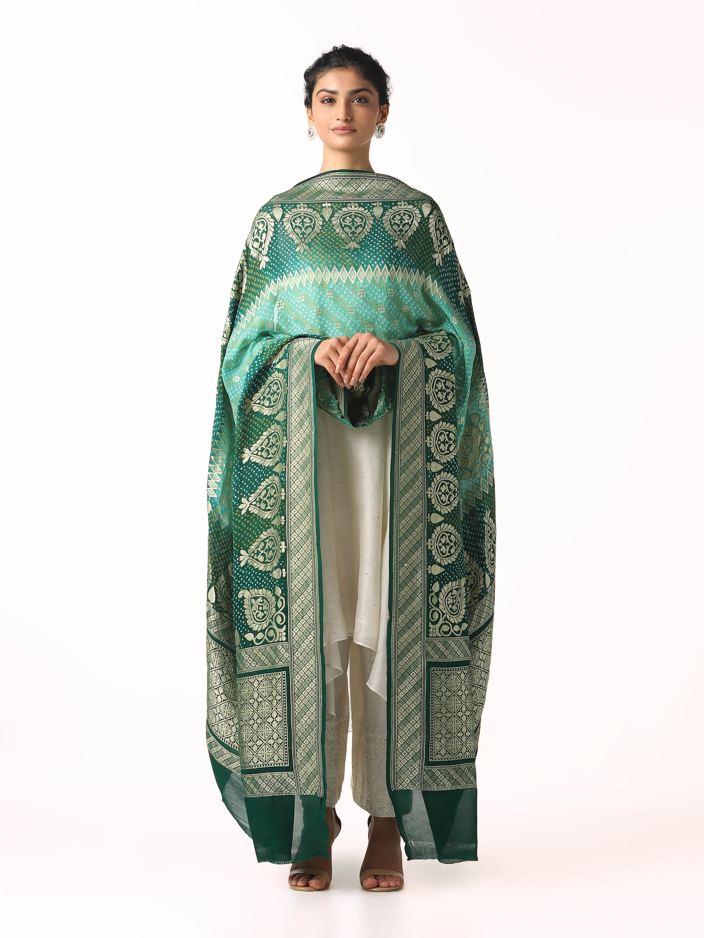 Green Banarasi Crepe Bandhani Tie & Dye Dupatta