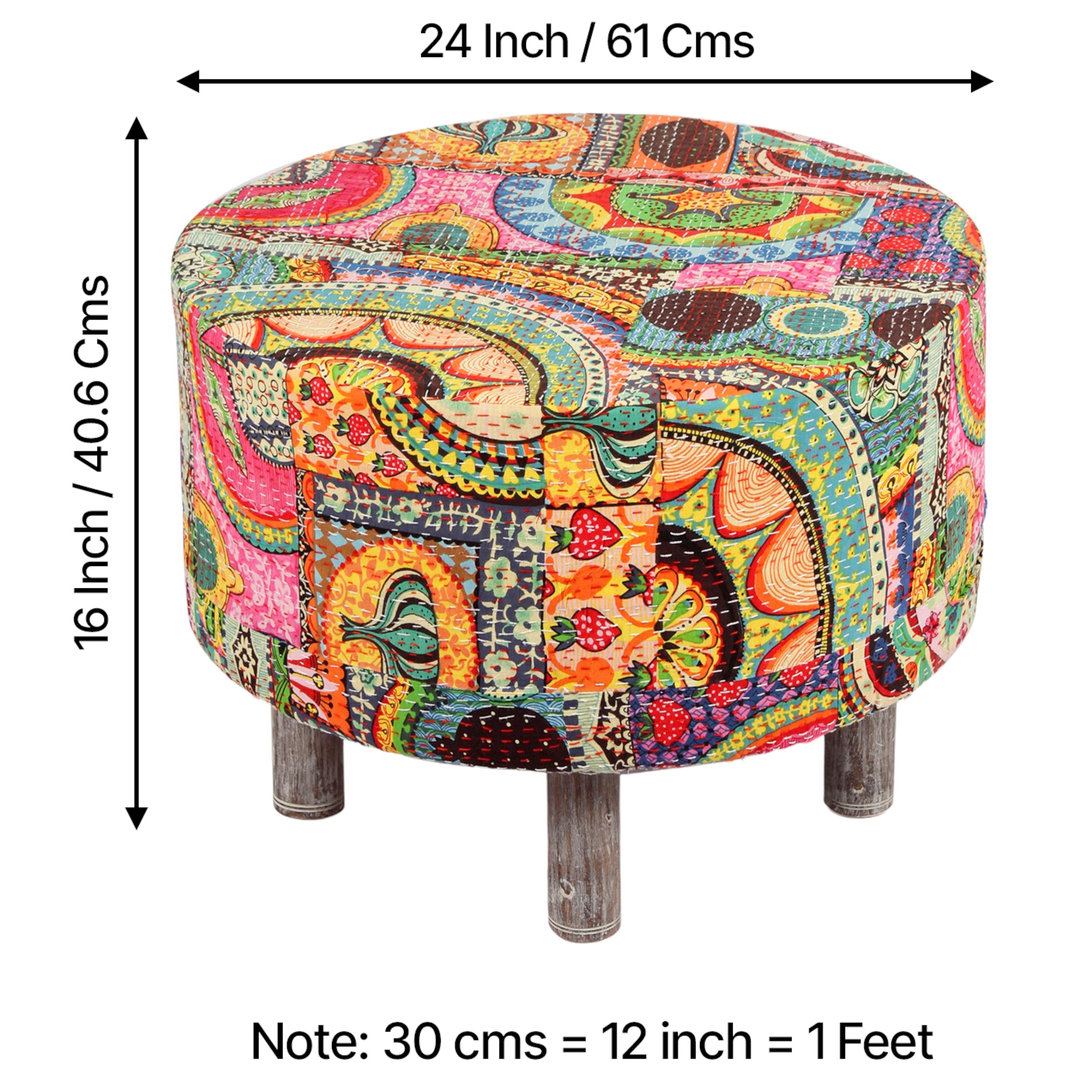 Rosslyn Solid Wood Ottoman Pouffee in Multi Colour Israel Print Kantha fabric
