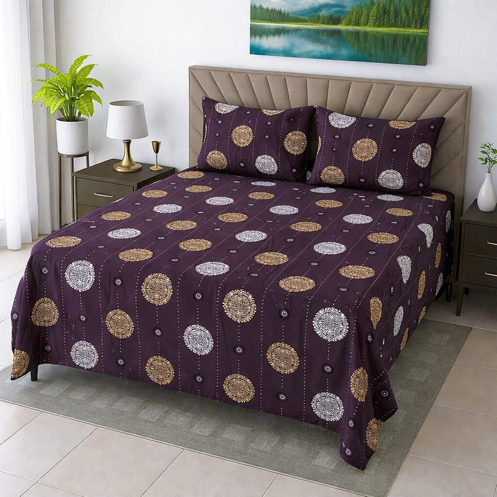 Pia Chocolate Floral 400 TC Cotton Flat Super King Size Bedsheet with 2 Pillow Covers – Threads